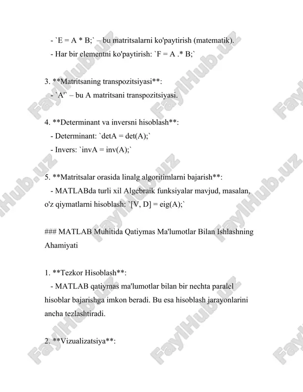 lamda bo'lish ehtimoliga ko'ra baholanadi va bu ehtimol 0 va 1 oralig'ida har qanday qiymatni qabul qilishi mumkin. matlab'da bulanlik ifodalash muloqotlari ko'pincha "fuzzy logic toolbox" orqali amalga oshiriladi. 2. **bulaniklik darajasi**: ma'lumotlar bulaniklik darajasi bilan belgilanadi, bu esa har bir elementning to'plamga qanday darajada tegishli ekanligini ko'rsatadi. masalan, matnli ma'lumotlar yoki aniq soni aniq bo'lmagan miqdorlar bilan ishlashda qo'l keladi. 3. **bulanik qaror qabul qilish**: matlab'da qattiymas ma'lumotlar bilan ishlashda bulaniklik teoremalari va qoidalari qo'llaniladi. bulanik qaror qabul qilish tizimlari belirsiz ma'lumotlar asosida aniqroq qarorlarni shakllantirish imkonini beradi. masalan, noaniq miqdordagi aksiyalar narxlarini bashorat qilishda yoki ob-havo ma'lumotlarini tahlil qilishda foydalaniladi. 4. **fis (fuzzy inference system)**: matlab'da "fuzzy inference system" vositasi mavjud. bu tizim ifodalari va qoidalari yordamida kiritilgan ma'lumotlarga asoslangan tanqidiy qarorlarni ishlab chiqadi. fis ikkita asosiy turi mavjud: mamdani va sugeno, ikkisi ham o'ziga xos algoritmlar va qo'llanmalar bilan farqlanadi. 5. **matlab'da simulatsiyalar**: matlab'da qattiymas ma'lumotlar bilan …
