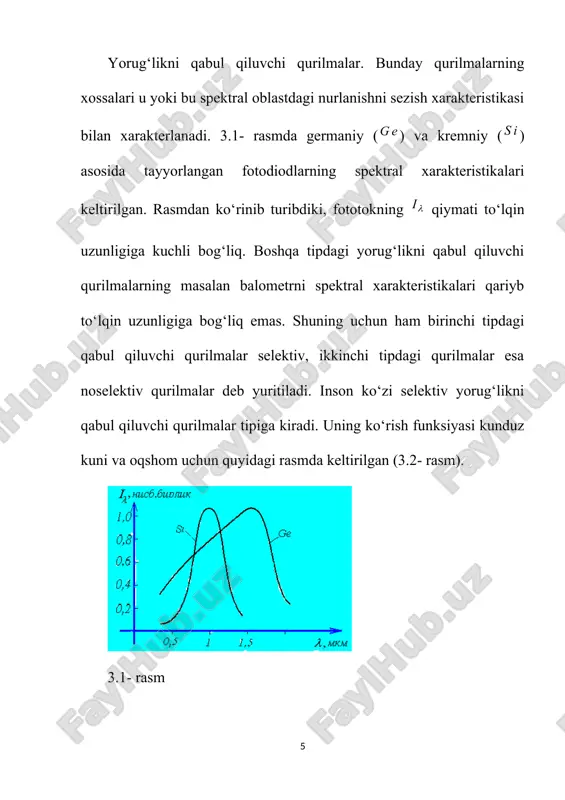 r tekis yuborilayotgan bo‘lsa, bo‘ladi. bu har qanday yo‘nalish uchun bir xil bo‘ladi. oqim notekis bo‘lgan holda ф/4 kattalik faqat yorug‘likning o‘rtacha kuchi bo‘ladi va yorug‘likni o‘rtacha sferik kuchi deyiladi. tayinli bir yo‘nalish bo‘yicha yorug‘lik kuchini o‘lchash uchun d elementar fazoviy burchak olinib va bu fazoviy burchakka to‘g‘ri kelgan d yorug‘lik oqimi o‘lchanishi kerak: (3.5) yoritilganlik е. yoritilganlik deb, sirt birligiga to‘g‘ri kelgan oqim kattaligiga aytiladi. yuzning yoritilganligi bo‘ladi. (3.2) va (3.3) larni hisobga olsak, (3.6) bo‘ladi. (3.5) dan ko‘rinadiki nuqtaviy manba hosil qilgan yoritilganlik manbadan sirtgacha bo‘lgan masofaning kvadratiga teskari proporsional va yorug‘lik oqimi yo‘nalishi bilan yoritilgan sirtga o‘tkazilgan normal orasidagi burchak kosinusiga to‘g‘ri proporsional bo‘ladi. manbaning b ravshanligi. ba’zi bir manbalarni nuqtaviy manbalar deb bo‘lmaydi. bu manbalarning ko‘pi shuncha kattaki, kuzatish olib borganda oddiy masofalarda ko‘z bilan ularning shaklini payqash mumkin. juda ko‘pchilikni tashkil qilgan bunday manbalarga nisbatan ravshanlik tushunchasi tarixiy ma’noga ega. bu tushuncha ajrata olish qobiliyati …