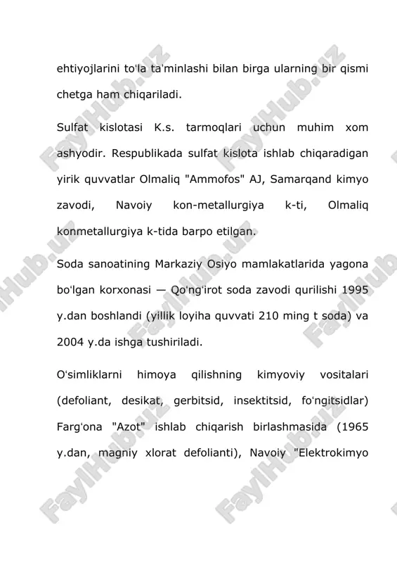 ni sezilarli darajada diversifikatsiya qilishga erishildi. avtomobilsozlik, shu jumladan, dvigatel hamda ehtiyot qismlar ishlab chiqarish, neft-gaz kimyosi, neft-gaz mashinasozligi, zamonaviy qishloq xo‘jaligi mashinasozligi, qurilish materiallari sanoati, temir yo‘l mashinasozligi, maishiy elektronika asboblari ishlab chiqarish, farmatsevtika va mikrobiologiya, oziq-ovqat, to‘qimachilik, charm-poyabzal sanoati hamda boshqa bir qator mutlaqo yangi tarmoqlarning yo‘lga qo‘yilishi bunga zamin yaratdi. samarqand shahrida avtobus ishlab chiqaruvchi “isuzu” (yaponiya) va yuk avtomobillari ishlab chiqaruvchi “man” (germaniya) zavodlari, buxoro neftni qayta ishlash zavodi, sho‘rtan gaz-kimyo majmuasi hamda yaqindagina ustyurt gaz-kimyo majmuasi foydalanishga topshirildi, farg‘ona neftni qayta ishlash zavodi to‘liq rekonstruksiya qilindi. natijada o‘zbekiston sanoatining tarmoq tuzilmasida sezilarli sifat o‘zgarishlari ro‘y berdi. buni quyidagi raqamlar ham tasdiqlaydi: iqtisodiy o‘sishning lokomotivi hisoblangan sanoatning ulushi 35 foizga yaqinni tashkil etadi, ayni paytda qishloq xo‘jaligining ulushi bosqichma-bosqich 18 foizgacha kamaydi, xizmatlar ulushi esa 33 foizdan 47 foizga ko‘tarildi. bunday o‘zgarishlar jadal rivojlanuvchi iqtisodiyotlarga xosdir. o‘zbekistonning sanoati diversifikatsiya qilinishi natijasida uning eksport tuzilmasi ham o‘zgarib …