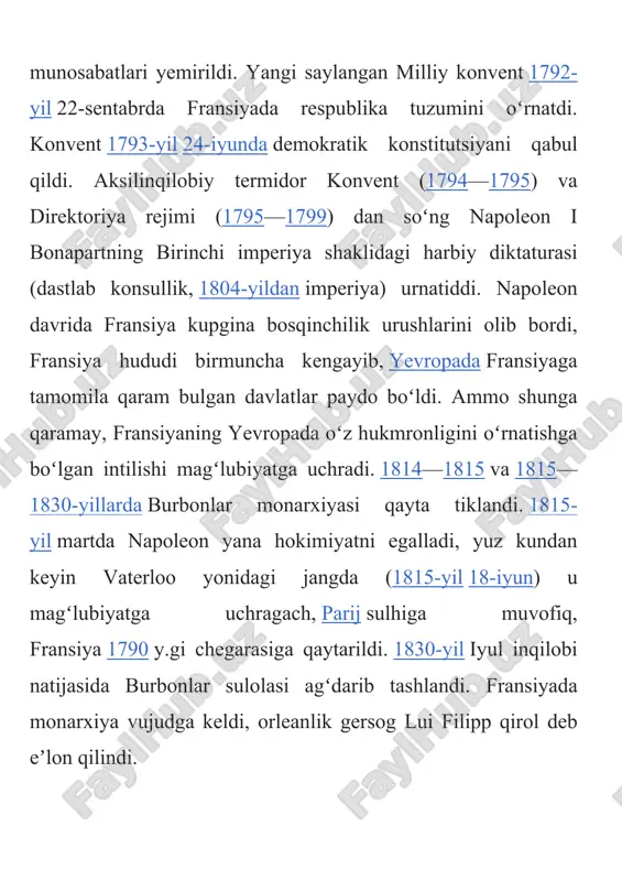 stlabki kunlaridanoq qarshshshk koʻrsatish harakatinm boshlab yubordi. 1940-yil general sh. de goll boshchiligida „ozod fransiya“ harakati (1942-yildan „kurashayotgan fransiya“) tuzildi. bu harakatga fransiyaning afrikadagi mustamlakalari (chad, kamerun, oʻrta kongo, gabon va boshqalar)ning fransuz harbiy qismlari va maʼmurlari ham qoʻshildi. 1941-yil 24-sentabrda de goll fransuz milliy qoʻmitasini tashkil etdi, bu qoʻmita keyinroq muhojirlikdagi fransiya hukumatiningoʻzagi boʻldi. 1943-yil 3-iyunda jazoirda general de goll raqbarligida fransiya milliy ozodlik qoʻmitasi (fmoq) tuzildi. 1944-yil 2-iyunda aqsh, buyuk britaniya va sssr tomonidan tan olingan fmoq fransiya respublikasining muvaqqat hukumatiga aylandi. 1944-yil oxmriga kelib, fransiya hududi fransuz vatanparvarlari va angliya, amerika qoʻshinlari tomonidan ozod etildi. ikkinchi jahon urushida mamlakat iqtisodi katta zarar koʻrdi. uning xalqaro mavqei pasayib, fransiya mustamlakachilik imperiyasining parchalanishi boshlandi. 1946-yil 24-dekabrda demokratik ruxdagi yangi konstitutsiya qabul kilindi. toʻrtinchi respublika davri (1946—1958) boshlandi. 1949-yil shimoliy atlantika shartnomasi tashkiloti (nato)ga aʼzo boʻldi. mamlakat va armiya ichidagi reaksion kuchlar 1958-yil mayda jazoirda respublikaga qarshi isyon koʻtardilar. jazoirdagi …