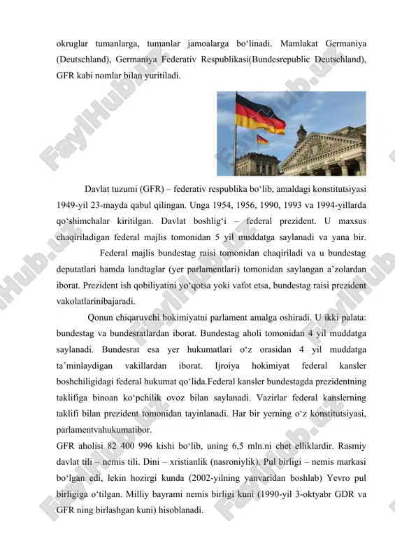 amalga oshirish maqsadida 1993-yil avgustda idoralararo komissiya hamda 1995-yil may oyida o‘zbekiston – germaniya doimiy ishchi guruhi tuzildi. mazkur komissiya va guruh muntazam ravishda yig‘ilishlar o‘tkazib, investitsiyalarni kafolatlash va sug‘urtalash, loyihalarni moliyalash, xususiylashtirishga ko‘maklashish, qimmatli qog‘ozlar bozorini vujudga keltirish kabi muhim masalalarni hal qilib kelayotir. 1993-yil toshkentda germaniyaning texnikaviy hamkorlik jamiyatining vakolatxonasi ochildi. jamiyat faoliyati tufayli bozor iqtisodiyotiga oid seminarlar va o‘quv kurslari o‘tkazish yo‘li bilan mutaxassislar tayyorlash, iqtisodiy qonunchilik, xususiylashtirish, kichik va o‘rta tadbirkorlikni rivojlantirish, atrof-muhitni muhofaza qilish, shahar yo‘lovchi transportiga doir qonun va nizomlar ishlab chiqish, “onalik va bolalikni himoya qilish” tadbirlari bo‘yicha maslahatlar berish dasturi amalga oshirila boshladi. o‘zbekiston respublikasitashqi iqtisodiy faoliyat milliy banki germaniyaning “aka”, “kfv”, “berliner bank” va “doyche bank” kabi banklari bilan bazis bitimlari tuzgan. shu bitimlar asosida kamida 778,7 mln. nemis markasi miqdorida turli loyihalarni mablag‘ bilan ta’minlash boshlandi. o‘zbekiston respublikasi birinchi prezidenti islom karimovning germaniyaga 2001-yil 2-5-aprel kunlari qilgan tashrifi ikki mamlakatning …