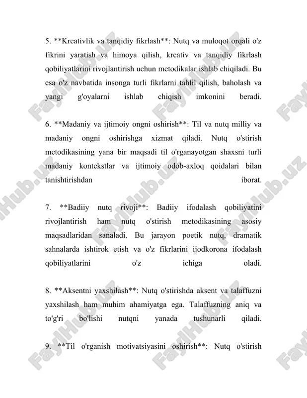 rish**: har kuni kamida bir sahifa matn yozish (taxminan 300-400 so'z) yozma nutqni faol ushlab turish uchun foydalidir. haftada bir marta esa katta hajmli, taxminan 1,500 so'zli matn yozish talab qilinishi mumkin. bu vaqt davomida yillik yozma ishlab chiqarish hajmini oldindan aytish qiyin, lekin bu minglab sahifalar matnni o'z ichiga oladi. 4. **erkin yozish mashqlari**: vaqti-vaqti bilan erkin yozish mashqlarini qo'llash, ya'ni, tasodifiy mavzular haqida hech qanday to'siqsiz yozish, ijodiy tafakkurni rivojlantirishga yordam beradi. bunday mashqlar har hafta amalga oshiriladigan bo'lsa, bir yilda 52 marta erkin yozish malakasi ortadi. 5. **tahrirlash ko'nikmalarini rivojlantirish**: yozma nutqni o'stirishda tahrirlash, ya'ni yozilgan matnni qaytadan ko'rib chiqish va yaxshilash juda muhim. har bir yozilgan matnni tahlil qilib, kamida ikki marta tahrirlash nazarda tutiladi. bu bir yilda 100 ta nazorat qilingan matnning ishlab chiqilishiga olib kelishi mumkin. 6. **mutaxassislar bilan ishlash**: yozma nutq ustida professional mutaxassislar yoki o'qituvchilar bilan birgalikda ishlash, tahliliy fikr yuritish va …