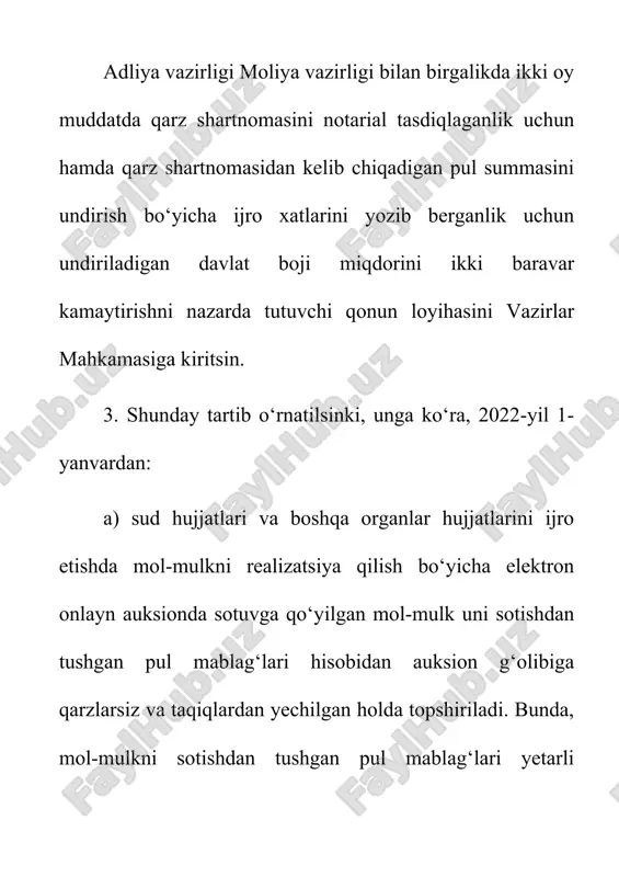 asidan hisobot majburiy ravishda joylashtirib borilishini ta’minlasin. 11. monopoliyaga qarshi kurashish qo‘mitasi adliya vazirligi bilan birgalikda uch oy muddatda tabiiy monopoliya subyektlari tomonidan ishlab chiqilgan ommaviy shartnomalarni iste’molchilarning huquqlariga rioya etilganligi, taraflarning tengligi tamoyillariga muvofiqligi nuqtai nazaridan tahlil qilsin hamda zaruratga ko‘ra ommaviy shartnomalarni qaytadan ishlab chiqish yuzasidan takliflarni vazirlar mahkamasiga kiritsin. 12. investitsiyalar va tashqi savdo vazirligi adliya vazirligi bilan birgalikda o‘zbekiston respublikasi hukumati bilan tuziladigan energetika, kon-metallurgiya, aloqa sohasidagi investitsiya shartnomasi loyihalarini ishlab chiqish va kelishish bosqichida yetakchi xalqaro konsalting va yuridik kompaniyalarni jalb qilish hamda ularni moliyalashtirish manbalarini aniqlash bo‘yicha takliflarni bir oy muddatda vazirlar mahkamasiga kiritsin. 13. oliy va o‘rta maxsus ta’lim vazirligi 2022/2023 o‘quv yilidan boshlab oliy ta’lim muassasalarida o‘qitish bo‘yicha shartnomalarning axborot tizimlaridan foydalangan holda elektron shaklda tuzilishi amaliyotini yo‘lga qo‘ysin. 14. adliya vazirligi: markaziy bank bilan birgalikda uch oy muddatda elektron tijoratni amalga oshirishda eskrou tizimidan foydalanish qoidalarini belgilovchi normativ-huquqiy hujjat loyihasini vazirlar …