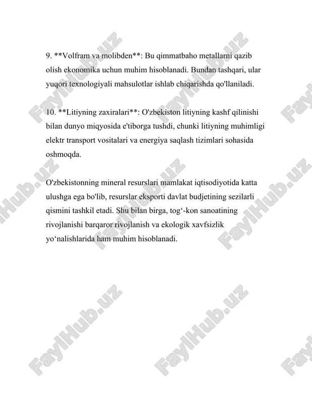 bu ikki kon ham o‘zbekistondagi muhim zaxiralarni tashkil etadi. o‘zbekistondagi oltin ishlab chiqarishda katta rol o‘ynaydi va mamlakatning iqtisodiy kuchini oshirishga yordam beradi. o‘zbekiston hukumati oltin qazib olish sohasi uchun yangi investitsiyalar jalb qilish maqsadida turli chora-tadbirlar ko‘rmoqda. yangi texnologiyalar va zamonaviy uskunalar yordamida bu sohada yangi yutuqlarga erishish ko‘zda tutilgan. shu bilan birga, kon sohasidagi xavfsizlik me’yorlariga qat’iy rioya qilish hamda atrof-muhitni muhofaza qilish choralari keng ko‘lamda amalga oshirilmoqda. o‘zbekistonning oltin konlari nafaqat mamlakat iqtisodiyoti uchun, balki uning xalqaro nufuzini oshirishda ham muhim rol o‘ynamoqda. mamlakatning oltin eksporti xalqaro bozorda katta qimmatbaho metallar kapitalisi sifatida xizmat qiladi va o‘zbekistonni mintaqadagi yetakchi davlatlardan biri sifatida dunyoga tanityapti. shu nuqtai nazardan, oltin qazib chiqarishini oshirish va yangi konlarni rivojlantirish o‘zbekistonning uzoq muddatli strategik rejasiga kiradi. bu borada xalqaro hamkorlik aloqalarini kengaytirish, xorijiy investitsiyalarni jalb qilish orqali ilg‘or texnologiyalarni tatbiq etish rejasi bor. 4. neft va gaz resurslari albatta, men sizga neft …