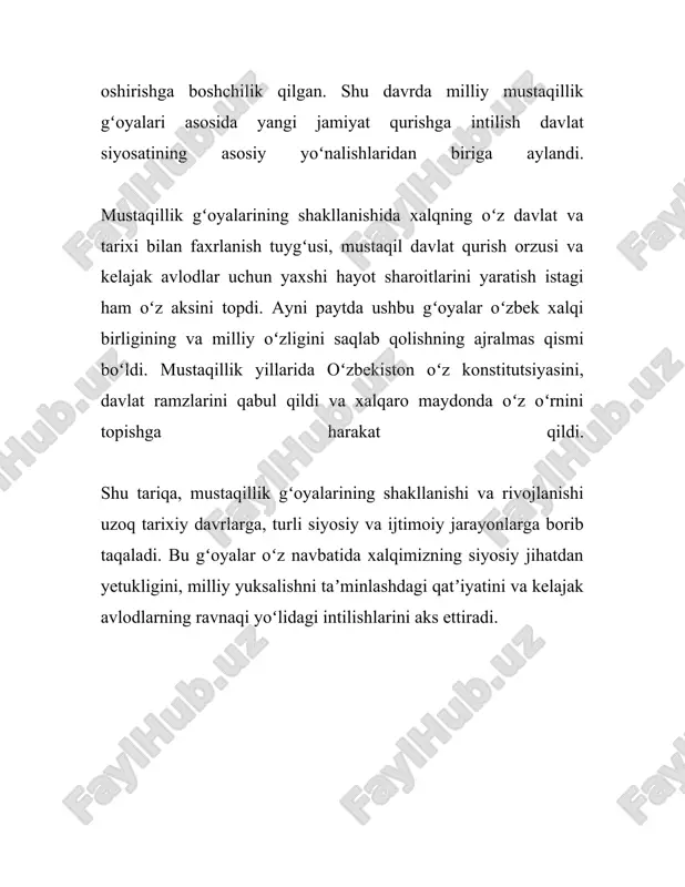 n. harakat vakillari koʻplab maktablar ochishgan va eski metodlardan yangi usullarga oʻtishni taklif qilganlar. masalan, jadid maktablari 1900-yillarda ochila boshlangan boʻlib, birinchi yangi usuldagi maktab toshkentda 1901-yilda sh. rahimiy tomonidan tashkil qilinadi. ushbu maktablar oʻsha davr uchun yangilik boʻlib, zamonaviy fanlarni oʻrgatish bilan shugʻullangan. jadidlar orasida mahmudxoʻja behbudiy, abdurauf fitrat, abdulhamid choʻlpon va abdulrauf fitrat kabi taniqli shaxslar bor edi. ular oʻz asarlarida milliy ozodlik, oʻzlikni anglash, taʼlim va madaniyatning ahamiyati haqida koʻp fikr yuritganlar. masalan, mahmudxoʻja behbudiy tomonidan yozilgan "padarkush" dramasi oʻsha davr fikrlarining namunasidir. mustaqillik davriga kelib, oʻzbekiston 1991-yil 1-sentyabr kuni mustaqilligini qoʻlga kiritdi. bu voqea sovet ittifoqining parchalanishi bilan bogʻlangan boʻlib, 31-avgust kuni oʻzbekistonning oliy soveti respublikaning mustaqilligini eʼlon qildi. 1991-yilning 29-dekabrida boʻlib oʻtgan referendumda oʻzbekiston fuqarolarining 98,2% mustaqillikni yoqlashdi. bu sanalar oʻzbekistonning mustaqillik yoʻlidagi muhim bosqichlaridan biridir. mustaqillik oʻzbekiston uchun katta imkoniyatlar eshigini ochdi. mustaqillikka erishgidagina, oʻzbekiston oʻzning siyosiy yoʻnalishini, iqtisodiy strategiyasini va madaniy rivojlanishini mustaqil …