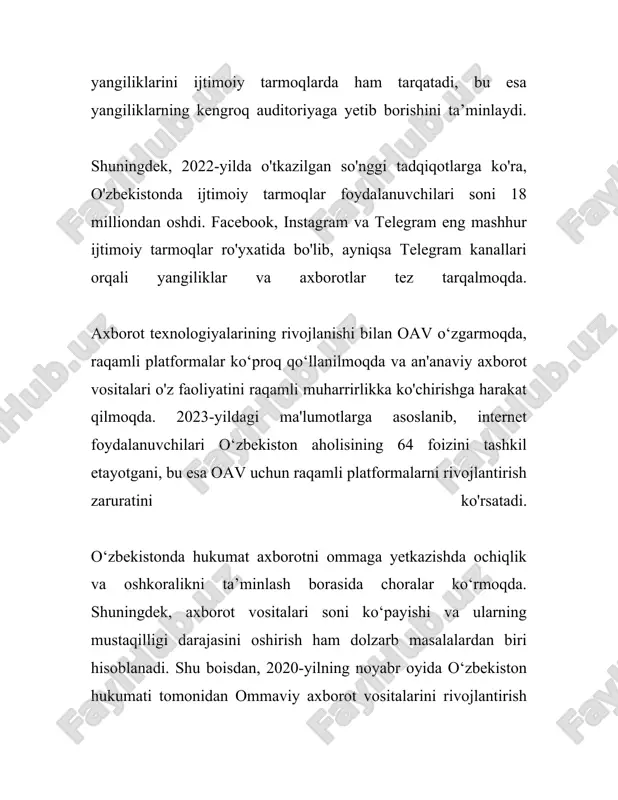 statistik ma'lumotlarni ko'rib chiqish mumkin. 1. **senzura darajasi**: ba'zi xalqaro tashkilotlar, masalan, "chegara bilmas muxbirlar", har yili dunyo bo'ylab press erkinligini baholashadi. ularning ma'lumotlariga ko'ra, 2023-yilda o'zbekiston press erkinligi bo'yicha indeksda 180 mamlakat orasida 157-o'rinda turadi. bu raqam mamlakatda press erkinligi bilan bog'liq muammolar mavjudligini ko'rsatadi. 2. **qonunostalik bazasi**: oʻzbekistonda ommaviy axborot vositalarining faoliyatini tartibga solishda bir nechta asosiy huquqiy hujjatlar mavjud. asosiy qonun "ommaviy axborot vositalari to'g'risida" gi qonun bo'lib, bu qonun ommaviy axborot vositalarining huquqlari va majburiyatlarini belgilab beradi. shuningdek, "axborot olish erkinligi haqida" gi qonunlar ham mavjud, ular oav faoliyatini muvofiqlashtirishda muhim rol oʻynaydi. 3. **internet senzura**: internet erkinligi bo'yicha ma'lumotlarni taqdim etuvchi freedom house tashkilotining 2023-yilgi hisobotida o'zbekiston "erkin bo'lmagan internet" toifasiga kiritilgan. ushbu hisobotga ko'ra, mamlakatda internet kontentining ayrim qismlari, jumladan, siyosiy va ijtimoiy masalalarga oid saytlar bloklanishi mumkin. 4. **axborot instansiyalari soni**: 2023-yilda o'zbekistonda faoliyat yuritayotgan rasmiy ro'yxatga olingan oavlarning umumiy soni atrofida 1,200 …