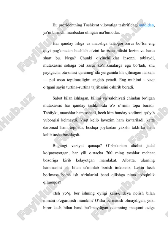 rgacha dehqonchilik qilish uchun bo‘lib beriladi va 15 ming nafar fuqaroning bandligi ta’minlanadi. ishsiz 13 ming nafardan ziyod fuqaro jamoat ishlariga jalb etiladi, bunga jamg‘arma hisobidan qariyb 30 milliard so‘m yo‘naltiriladi. bandlik jamg‘armasidan 40,7 milliard so‘m subsidiya ajratiladi. 14 milliard so‘m subsidiya mablag‘lari hisobidan 4 ming 726 nafar fuqaroga issiqxonalar qurib beriladi. 10 milliard so‘m subsidiya mablag‘lari hisobidan 2 ming 715 ta fuqaroga mehnat asbob-uskunalari sotib olinadi. kelgusi yilda hokim yordamchilari tomonidan aholini tadbirkorlikka o‘qitish, oilaviy tadbirkorlik dasturlari doirasida 900 milliard so‘m imtiyozli kredit mablag‘lari ajratilib, 22 ming nafardan ziyod aholining bandligi ta’minlanadi. 7 trillion so‘mlik 791 ta investitsiya loyihasi amalga oshirilib, 28 mingta yangi ish o‘rni yaratiladi. o‘zini o‘zi band qilish orqali 20 ming nafar aholini ro‘yxatdan o‘tkazish belgilangan ishsizlik darajasining eng yuqori ko’rsatkichi qashqadaryo, sirdaryo va farg‘ona viloyatlarida qayd etildi — 9,4%. 2019 yilning yanvar-iyun oylarida o‘zbekistonda ishsizlik darajasi 9,1%ni tashkil etdi. bu haqda bandlik va mehnat munosabatlari …