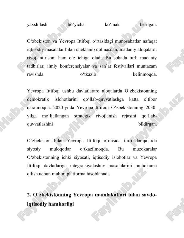 azib keladi. - 2018-yilda toshkentda bo'lib o'tgan "yevropa madaniyati uchrashuvi" festivalida 12 ta yevropa davlatidan san'atkorlar va musiqachilar ishtirok etib, o'z an'anaviy madaniyatlarini namoyish etganlar. - "fransiya oyligi" doirasida har yili toshkent va boshqa shaharlarda fransuz san'ati, kinematografiyasi va musiqa an'analariga bag'ishlangan tadbirlar o'tkaziladi. - 2019-yilda o'zbekiston shveysariya bilan hamkorlikda yangi madaniyat markazini tashkil qilib, o'zaro madaniy almashinuvlar dasturlarini kengaytirdi. 3. **san'at va ijodiy hamkorlik:** - 2020-yilda o'zbekiston va germaniya o'rtasida muzey va san'at sohasida hamkorlik memorandumi imzolandi. ushbu memorandum doirasida ikki davlatning san'at asarlari bilan ko'rgazmalar tashkil etildi. - yevropa davlatlari o'zbekistonda haykaltaroshlik, teatr, musiqa va boshqa san'at yo'nalishlarida seminarlar va master-klasslar o'tkazish orqali tajriba almashinmoqda. - 2019-yilda o'zbekistonda italiyaning mashhur opera ijrochilari va dirijyorlari ishtirokida bir qator konsertlar va operalar namoyish etildi. 4. **ilmiy tadqiqotlar va hamkorlik:** - o'zbekiston va yevropa ittifoqi o'rtasida 2018-yilda ilmiy tadqiqotlar sohasida o'zaro hamkorlikni kuchaytirish uchun memorandumlar imzolandi. - yevropa ittifoqining horizon 2020 …