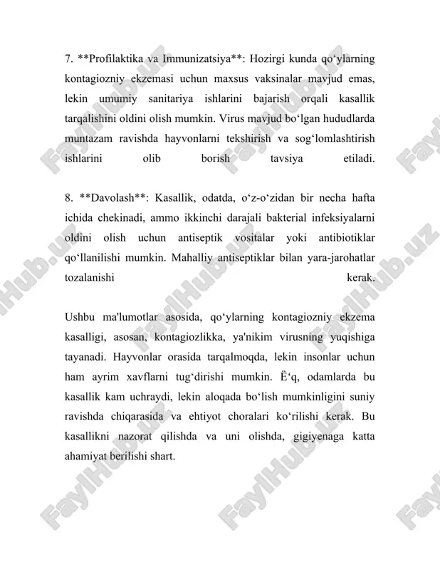 rusning nazoprimar belgilari — shuningdek, histopatologik o'rganishlar ham qo'llaniladi. kasallangan to'qimalarning mikroskopik tekshiruvi orqali, virusli eosinofil kislota va inkluziyalar mavjudligi aniqlanadi, bu esa tashxisni to'g'ri qo'yishga yordam beradi. ushbu tekshirish odatda tajribali patologlar tomonidan o'tkaziladi va boshqa kasalliklardan ajratishga imkon beradi. serologik usullar orqali ham diagnostika o'tkazilishi mumkin, masalan, elisa testi orqali qon zardobida antikora mavjudligiga test o'tkaziladi. ushbu usul virus bilan kasallanganlikni ko'rsatish imkonini beradi, ammo u har doim ham yuqori sezgirlikka ega emas. kasallikning tarqalishini tushunish va uning oldini olish uchun epizootologik tekshirishlar ham o'tkazilishi mumkin. bu qo'ylar o'rtasida kasallikning qaysi omillar ta'sirida tarqalishini aniqlashga yordam beradi. epizootologik tadqiqotlar orqali kasallik o'choqlarini aniqlash va ularni samarali nazorat qilish yo'llarini izlash mumkin. qo'ylarning kontagiozli ekzemasi, odatda, bevosita aloqada va atrof-muhit orqali yuqadi, ayniqsa, zararlangan materiallar (masalan, pichan, oziq-ovqat qoldiqlari, va hokazo) bilan. shuning uchun kasallikka chalingan hayvonlarni izolyatsiyalash va dezinfeksiya choralarini ko'rish juda muhim hisoblanadi. shuningdek, virusni aniqlashi osonroq …