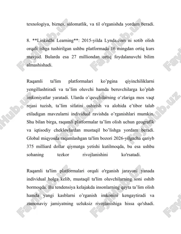 dunyo bo'ylab 1.6 milliarddan ortiq o'quvchi maktablarini yo'qotgan, bu esa onlayn ta'limga o'tishni tezlashtirgan. shu vaqtdan beri virtual sinf xonalari haqida ma'lumotni to'plash va tadqiq qilish muhim bo'lib qoldi. virtual sinf xonalarining asosiy omillari quyidagilardan iborat: 1. **platformalar**: virtual ta'lim platformalari orasida google classroom, microsoft teams, zoom, moodle keng tarqalgan. 2021-yilgi ma'lumotlarga ko'ra, google classroom butun dunyo miqyosida 150 million foydalanuvchiga ega. 2. **qo'llab-quvvatlanadigan tillar soni**: misol uchun, google classroom 57 ta turli tildan foydalanuvchilarga xizmat ko'rsatadi, bu esa ko'p milliy tillarda ta'lim berish imkoniyatini ochib beradi. 3. **o'ziga xos xususiyatlar**: zoom platformasi bir vaqtning o'zida 100 dan 1000 gacha ishtirokchini qamrab olishi mumkin. microsoft teams esa 2021-yilning sentyabr oyida o'rtacha 250 million faol foydalanuvchiga ega edi. 4. **internetdan foydalanish**: internetdan foydalanish ko'rsatkichi asosiy omil bo'lib, bu ta'limning sifatiga katta ta'sir ko'rsatadi. xalqaro telekommunikatsiya ittifoqi (itu) ma'lumotlariga ko'ra, 2020-yilda dunyo bo'yicha internetdan foydalanuvchilarning jami soni 4.9 milliardga yetgan. 5. **raqamli …