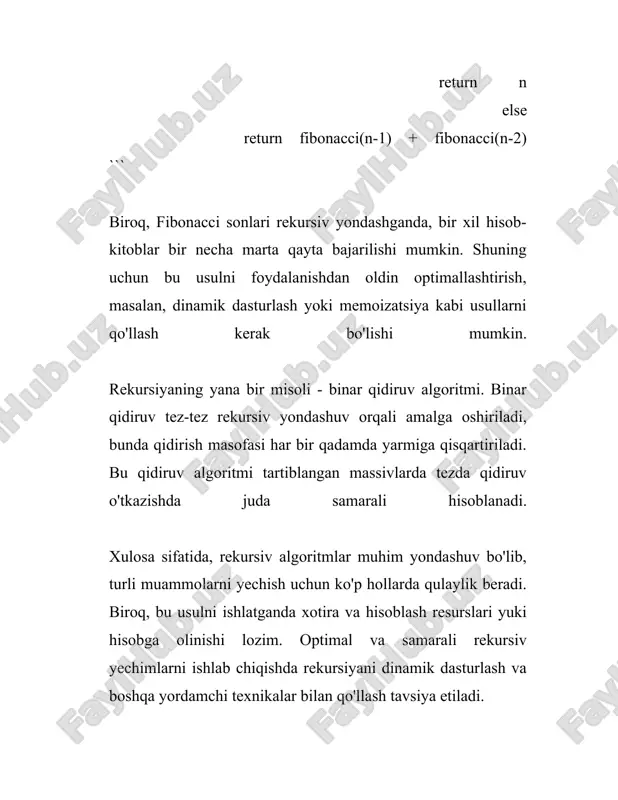 shda pascal uchburchagi xossasidan foydalanish mumkin. binomial koeffitsient \(\binom{n}{k}\) quyidagi rekursiya orqali hisoblanadi: \[ \binom{n}{k} = \begin{cases} 1, & \text{agar } k = 0 \text{ yoki } n = k, \\ \binom{n-1}{k-1} + \binom{n-1}{k}, & \text{boshqa holda}. \end{cases} \] bu tenglama matematika kombinatorial masalalarida ko‘p qo‘llaniladi, ayniqsa algebraik mashg‘ulotlarda. har bir binomial koeffitsient tasodifiy tanlangan $k$ ta elementni $n$ ta elementlardan tanlashning eng mujassamlashgan usulidir. rekursiyaga asoslangan yondashuv faqat matematik masalalarda emas, balki algoritmik yechish masalalarida ham keng qo‘llaniladi. misol uchun, eng qisqa yo‘lni topish yoki grafiklar bo‘yicha qidiruv algoritmlarini ishlab chiqishda ham rekursiyaga asoslaniladi. misol sifatida dfs (depth first search) algoritmini ko‘rsatish mumkin, uning yondashuvi rekursiv tarzda grafikning barcha elementlarini takroriy tekshirishi orqali amalga oshiriladi. ba'zi hollarda ortiqcha rekursiyadan qochish haqida o'ylash kerak, chunki rekursiv deep ko‘p miqdordagi resurslarni talab qilishi mumkin. shuning uchun, dinamik dasturlash kabi yondashuvlar ba'zan rekursiyani ancha samarali qilish uchun ishlatiladi. dinamik dasturlash asosan memorization …