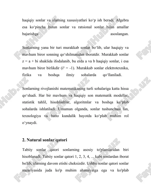 145 sakkizlik sonini o'nli tizimga aylantirsak, 1*64 + 4*8 + 5*1 = 101 o'nli son bo'lib chiqadi. o'n oltilik sanash tizimi bazasi 16 bo'lib, u 0 dan 9 gacha va a dan f gacha bo'lgan belgilarni (a=10, b=11, c=12, d=13, e=14, f=15) o'z ichiga oladi. bu tizim ham kompyuter fanida juda muhim, chunki u ikkilik sonlarni yanada ixchamroq ifodalash imkonini beradi. masalan, 1a3 o'n oltilik sonini o'nli tizimga aylantirsak, 1*256 + 10*16 + 3*1 = 419 o'nli son bo'ladi. yuqoridagi sanash tizimlaridan tashqari, tarixda yana boshqa sanash tizimlari ham mavjud bo'lgan. maslan, qadimgi misr, vavilon, rim sanash tizimlari. misr sanash tizimi hierogliflar orqali ifodalanib, ular oddiy qo'lda yozish bilan bog'liq edi. vavilon sanash tizimi esa 60 asosli bo'lib, u matematik hisob-kitoblar uchun juda qulay bo'lgan. rim sanash tizimi bugungi kungacha rim raqamlarini ko'p joylarda uchrasak bo'ladi. turli sanash tizimlarini o'rganish matematik ma'lumotlarni tushunish va ular ustida ishlashda katta ahamiyatga ega. …