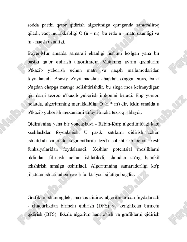qisqa yo‘lni topish**: - **dijkstra algoritmi:** vaqt murakkabligi \( o(v^2) \) qo'shnilik matritsasidan foydalanilganda, bu erda \( v \) - cho'qqilar soni. min-to'pdan foydalanishni \( o(e + v \log v) \) ga qisqartiradi. - **bellman-ford algoritmi:** vaqtning murakkabligi \( o(v \times e) \), manfiy og'irlik qirralari bo'lgan muammolarni echishga qodir. #### xulosa algoritmlarni qiyosiy tahlil qilish muammoning cheklovlari va mavjud resurslarni hisobga olgan holda optimal yechim usulini tanlash imkonini beradi. algoritmni tanlashda vaqt va makon murakkabligining nazariy baholarini ham, maqsadli arxitekturaning amaliy samaradorligini ham hisobga olish kerak. 3. chiziqli qidiruv chiziqli qidiruv, shuningdek ketma-ket qidiruv deb ham ataladi, bu oddiy qidiruv usuli bo'lib, unda ro'yxatdagi elementlar qidirilayotgan element topilgunga qadar yoki butun to'plam qidirilguncha ketma-ket tekshiriladi. ushbu qidiruv algoritmi tartiblangan va tartibsiz ma'lumotlar tuzilmalariga taalluqlidir va uning eng yomon va o'rtacha murakkabligi o(n), bu erda n - ro'yxatdagi elementlar soni. chiziqli qidiruv har bir elementni qidirish qiymati bilan taqqoslab, massiv …