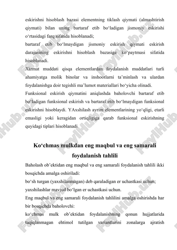 mida olinadigan potensial yalpi daromad (pyad) ijaraga berish uchun mo‘ljallangan maydonni ijara stavkasiga ko‘paytirish yo‘li bilan baholanadi; qiyosiy yondashuv baholash ob’ekti qiymatini aniqlashda qiyosiy yondashuvdan foydalanish uchun baholovchi kamida uchta analogni tanlab olishi lozim. taqqoslash analoglarini tanlash uchun asosiy mezon baholash ob’ektiga o‘xshash bo‘lgan eng samarali foydalanishdir.baholash ob’ekti qiymatini sotuvlarni taqqoslash usuli bilan baholashda taqqoslash birligini tanlash, qoida tariqasida, ko‘chmas mulk tipi bilan belgilanadi. taqqoslash birligi sifatida quyidagilar qo‘llaniladi: bino yoki er uchastkasining maydon birligi (kvadrat metr, sotix, gektar) narxi; binoning hajm birligi (kub metr) narxi; tijorat salohiyatiga muvofiq baholanadigan baholash ob’ektlari uchun o‘rin, nomer narxi va boshqa o‘lchov birliklari. baholovchi qaysi taqqoslash elementi bo‘yicha analog va baholash ob’ekti o‘rtasidagi farqni aniqlagan bo‘lsa, shu taqqoslash elementi analogining narxiga tuzatishlar kiritadi.topshiriladigan mulkiy huquqlarga tuzatishlarni hisoblash uchun analog daromadining manbalari, tuzilishi va uni ijaraga berish shartlari haqida axborot mavjud bo‘lishi lozim. moliyalashtirish shartlariga qarab tuzatishlar kiritish analog bilan bitimlar tuzishda baholash ob’ektiga …