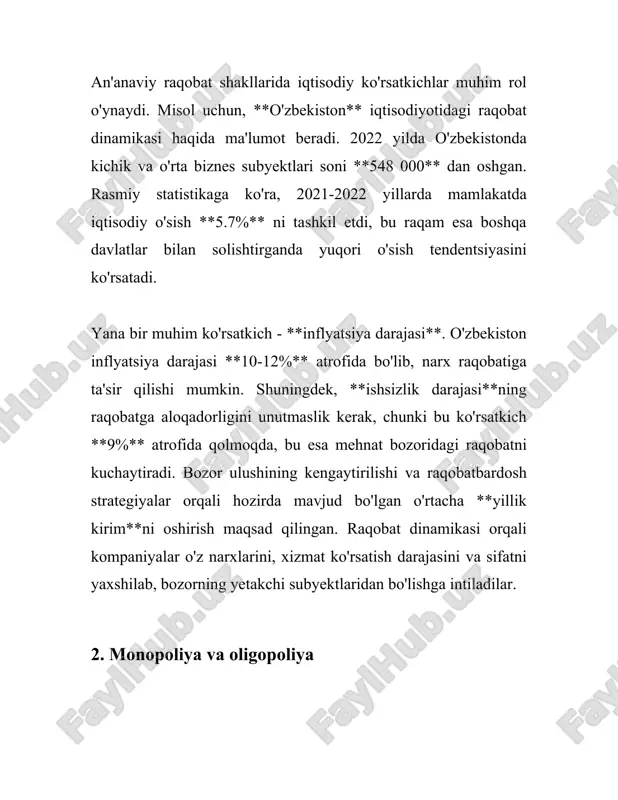 o‘yicha yuqori o‘rinlarni egalladi. ular hosildorlik va innovatsion faoliyat ko‘rsatkichlari bilan ajralib turadi. 3. **narxlar barqarorligi va sifat**: - erkin raqobat narxlar barqarorligini ta'minlashga yordam berishi mumkin. masalan, yevropa ittifoqida raqobatni tartibga soluvchi qat'iy siyosatlar tufayli ba'zi mahsulotlarning o'rtacha narxlari yillik inflyatsiya darajasidan pastroq suratda o'sib bormoqda. 4. **raqobatning foydalari**: - raqobat iste'molchilarga sifatli tovar va xizmatlarni qulay narxlarda taqdim etishi mumkin. masalan, raqobat tufayli hindistonda mobil aloqa xizmatlarining narxi oxirgi 10 yil ichida 95 % ga arzonlashdi, bu esa aholi sonining ko'plab qismini raqamli infratuzilmalardan foydalanishga imkon yaratdi. 5. **energiya sektori**: - energiya sektori, ayniqsa, elektr energiyasi bozorlari, raqobatni oshirish orqali xarajatlarni kamaytirishga erishadi. aqshda elektr energiyasi yoyilmasidan foydalanuvchi maqbullashtirilgan davrali raqobat ko'rsatkichlari avvalgi yillarga nisbatan 20-30 % samaradorligini oshirgan. 6. **texnologik innovatsiyalar**: - raqobat texnologik innovatsiyalarni rag'batlantiradi. masalan, 2019 yilda global it va texnologiya kompaniyalari raqobat tufayli o‘z tadqiqot va rivojlanish xarajatlari uchun 1000 milliard dollargacha mablag‘ sarflagan. …