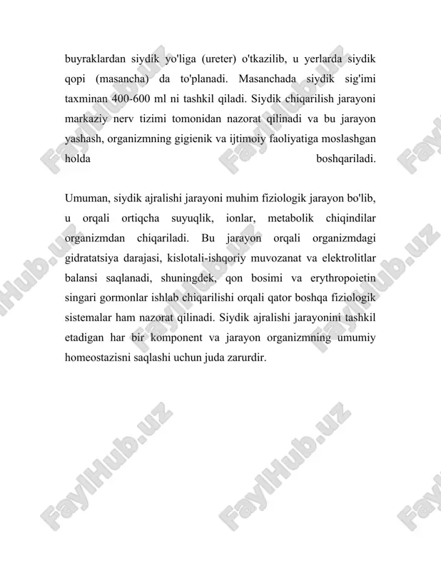 a 800 millilitrdan kam bo'lishi oliguriya, 3 litrdan ortiq bo'lishi esa poliuriya hisoblanadi. poliuriyaga sabab bo'lgan faktorlar orasida qandli diabet, surunkali buyrak kasalliklari va ko'p suyuqlik ichish bor. oliguriyaga esa ishlanmagan buyraklar aksayishi, quyi siydik yo'llarining tutilishi yoki kuchli suvsizlik sabab bo'lishi mumkin. siydik chiqarish jarayonida ishtirok etuvchi a'zolar - buyraklar, peshob pufagi, siydik yo'llari va siydik kanalidir. siydikni boshqarishning asosiy mexanizmi bu - buyraklar tomonidan amalga oshiriladigan filtratsiya jarayonidir. buyraklar kuniga taxminan 180 litr qon filtrelaydi, lekin faqat 1-2 litri siydik sifatida chiqariladi. qolgan qismi qayta so'rib olinib, organizmga qaytariladi. siydik densitometriyasi yordamida siydikning zichligi o'lchanadi, bu esa buyraklarning filtratsiya qobiliyatini baholash uchun muhimdir. siydik zichligining normativlari 1.005 dan 1.030 g/ml gacha bo'lishi mumkin. kundalik hayotda siydikni boshqarish odatda ovqatlanish rejimiga bog'liq. misol uchun, xun ratsioniga kiritilgan tuz miqdori siydik miqdoriga katta ta'sir qiladi. tuz suyuqlikni organizmda ushlab turishga moyil qiladi, bu esa siydik miqdorini kamaytirishi mumkin. siydikni boshqarishning …