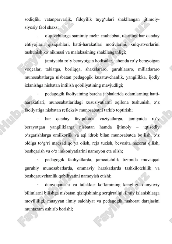 nazaridan o‘z-o‘zini anglashi, (muomalada o‘zining o‘zaro fikr almashishga doir sifatlarini, ijobiy va zaif tomonlarini bilishi) va shu asosda o‘zaro fikr almashish yo‘li bilan o‘z-o‘zini tarbiyalashi. 2. kishilar bilan o‘zaro munosabatda kommunikativ iqtidorini shakllantirib borishi, muloqot asosida to‘g‘ri bashorat qilish sezgilarini mashq qildirishi, muloqotda o‘zining ideal tasavvurlarini, imkoniyatlarini boshqalar (o‘qituvchilar jamoasi, o‘quvchilar, ota-onalar) qanday baholashi haqidagi refleksiv tasavvurlarini tahlil qilishi. 3. o‘zida muosharat odobining muhim xususiyatlarini rivojlantirish yuzasidan ixtisoslashtirilgan mashqlar asosida ishlashi. 4. o‘quvchilar va ota-onalar bilan tarbiyaviy maqsadlarga qaratilgan turli jamoat ishlarini olib borishi, bunda o‘zaro fikr almashish asosida pedagogik tashkilotchilik qobiliyatini takomillashtirib borishi. 5. muloqot jarayonida paydo bo‘ladigan salbiy holatlarni engish ko‘nikmalarini shakllantirishi, dilkashlik va xushmuomalalikni rivojlantiradigan vaziyatlar tizimini yaratishi. o‘qituvchi muloqot madaniyati asosida faoliyat olib borgan taqdirda ham, o‘quvchilar jamoasi orasida turli tushunmovchiliklar, ziddiyatlar paydo bo‘lishi tabiiy hol. har qanday tajribali o‘qituvchining pedagogik muloqoti jarayonida o‘ziga xos qiyinchiliklar yuzaga keladi. sinfda sodir bo‘ladigan har qanday pedagogik vaziyatga javobgar …