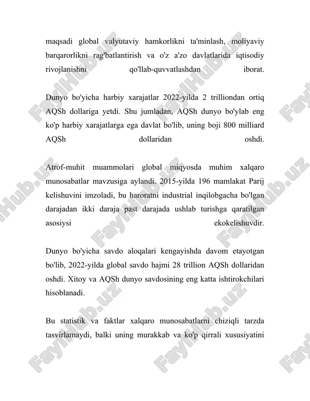 masalan, 2020 yilda qo'shma shtatlar mudofaaga 732 milliard dollar ajratgan, bu esa jami global harbiy xarajatlarning deyarli uchdan biriga tengdir. xitoy esa 2020 yilda 178 milliard dollar harbiy byudjet bilan ikkinchi o‘rinni egallagan. iqtisodiy xavfsizlik siyosati mamlakatning iqtisodiy mustaqilligi va barqarorligini ta'minlashga qaratilgan. ushbu siyosat doirasida iqtisodiy o‘sishni qo‘llab-quvvatlash, ishsizlik darajasini nazorat qilish va inflyatsiyani boshqarish kabilar muhim ahamiyatga ega. masalan, 2021 yilda jahon bankining ma’lumotlariga ko‘ra, dunyo miqyosidagi iqtisodiy o‘sish 5.6%ni tashkil etdi, bu esa oxirgi 80 yildagi eng yuqori ko‘rsatkichlardan biridir. shu sababli iqtisodiy xavfsizlik har qachongidan dolzarb mavzuga aylangan. kiberxavfsizlik siyosati zamonaviy dunyoda tobora ko‘proq ahamiyat kasb etmoqda, chunki ko‘plab davlat va kompaniyalar o‘z faoliyatlarini raqamli platformalarga ko‘chirishmoqda. xalqaro kiberxavfsizlik bo‘yicha 2022 yilda qabul qilingan hisob-kitoblarga ko‘ra, global kibertahdidlar natijasida dunyo miqyosida yiliga 6 trillion dollar zarar yetkazilayotgani aytiladi. shu sababli, ko'plab davlatlar va tashkilotlar kibertahdidlarni kamaytirish va ma’lumotlarni himoya qilish uchun kuchli xavfsizlik siyosatlarini ishlab chiqmoqda …