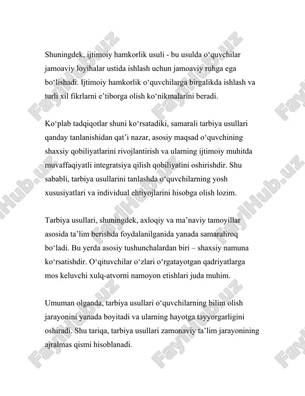 lik samarali o‘tishini belgilaydi. - shakllar esa tarbiyaviy faoliyatning tashkiliy tomonini ifodalaydi, ya’ni tarbiya jarayonining qanday sharoitlarda va qanday tashkil etilishini aks ettiradi. 2. **usullarning turi**: - **og‘zaki usullar**: masalan, suhbat, izoh, ma’ruza, dars. bu usullar orqali axborot yetkazish va fikr almashish imkoniyati yaratiladi. - **ilmiy-nazariy usullar**: masalan, analiz, sintez, qiyoslash. bu usullar orqali o‘quvchilar voyaga yetib kelayotgan ko‘nikmalarni shakllantirishga xizmat qiladi. - **amaliy usullar**: amaliy mashg‘ulotlar, laborator ishlari. bu usullar orqali talabalarning amaliy mahoratlari rivojlantiriladi. 3. **shakllarning turi**: - **individuallashtirilgan shakl**: bu shakl har bir o‘quvchining shaxsiy imkoniyatlarini hisobga olgan holda tashkil etiladi. - **guruhli shakl**: yakka yoki kichik guruhlarda o‘tkaziladigan jismoniy va intellektual mashg‘ulotlar. - **front va frontal shakl**: barcha o‘quvchilar uchun bir vaqtda o‘tkaziladigan tarbiyaviy tadbirlar. 4. **tarbiya jarayonida usul va shakllarning tanlanish omillari**: - pedagogik vaziyat: muayyan mavzu yoki muammo bo‘yicha qanday metod va shakl eng yaxshi natija berishini belgilaydi. - o‘quvchilarning yoshi: yoshlarga mos ravishda …