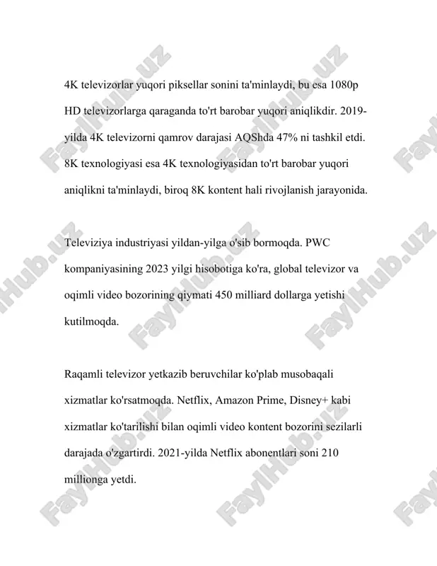 b, davlat tomonidan nazorat qilinadi. mtrk tarkibida 12 ta telekanal mavjud bo'lib, ulardan asosiylari "o'zbekiston", "yoshlar", "madaniyat va ma'rifat" kanallaridir. 2021 yilda olib borilgan tadqiqotlarga ko'ra, o'zbekistonda aholi o'rtacha kuniga 2,5 soat televizor ko'radi. bu esa xalqning bugungi kundagi dolzarb masalalarga nisbatan ma'lumot olishidagi muhim omil hisoblanadi. televizor ko'rishning bu raqami televideniyening mahalliy va milliy madaniyatni shakllantirish va tarqatishdagi rolini ko'rsatadi. televizorda beriladigan dasturlar milliy qadriyatlarni saqlab qolishda ham muhim rol o'ynaydi. "madaniyat va ma'rifat" kanali o'zbekistondagi tarixiy, madaniy va turli xil ertaklar, xalq ashulalari va qo'shiqlari, yoshlarga mo'ljallangan ta'lim beruvchi dasturlarni ommalashtirish orqali milliy madaniyatni rivojlantirishga xizmat qiladi. ma'lumotlarga ko'ra, ushbu kanal tomonidan tayyorlangan dasturlar yiliga mingdan ortiq efir vaqtini egallaydi. bundan tashqari, o'zbekistonda raqamli televideniyenining rivojlanishi so'nggi yilarda sezilarli darajada oshdi. 2022 yil ma'lumotlariga ko'ra, mamlakat aholisining 90 foizi raqamli televideniyega kirish imkoniyatiga ega bo'lgan. bu esa, o'z navbatida, turli madaniy va ta'limiy tadbirlarda ishtirok etish, milliy san'at …