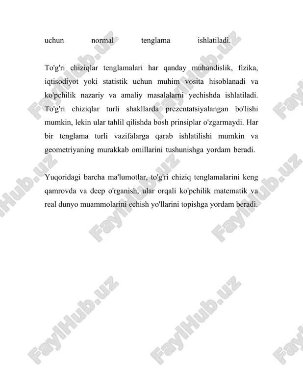 abstsissa kesmasi. agar \( y \)-o‘qi bilan kesish nuqtasini (ordinata kesimi) aniqlamoqchi bo‘lsak, \( x = 0 \) deb qoʻyamiz. bu bo‘lsa aynan berilgan tenglamaning \( b \) koeffitsientidir, ya’ni: \[ y = b \] bu ordinata kesimi. toʻgʻri chiziqlarni boshqa shakldagi tenglama yordamida ham ifodalash mumkin. masalan, umuman ko'rinishdagi tenglama: \[ ax + by + c = 0 \] bu tenglamada: - \( a\), \( b\), \( c\) - sonlar. bu tenglama umuman toʻgʻri chiziqning ekslilik tenglamasi deb ataladi. agar \( b \neq 0 \) bo'lsa, buni \( y \)-ni ifodalash ko'rinishiga keltirish mumkin: \[ y = -\frac{a}{b}x - \frac{c}{b} \] shundan, \( m = -\frac{a}{b} \) va \( b = -\frac{c}{b} \) bo'ladi. to'g'ri chiziqning tenglamasi yordamida algebraik muammolarni yechish osonlashadi va grafikani hosil qilish mumkin bo'ladi, bu esa uni tushunishni osonlashtiradi. matematikada to'g'ri chiziqlarni ifodalash tushunchasi juda keng muammolarni va ularni o'rganishni o'z ichiga oladi. 4. kesishish …