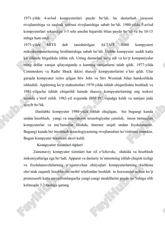 ydalanuvchilar turli kompyuterlarda ularni qoʻllaydi. ular tartiblanmaydi va bir-biri bilan farqlanmaydi. shuningdek, boshqa nomlar ma’lum kompyuter turlaridan foydalanishni talab qiladi. misollar oʻz ichiga shaxsiy kompyuterlar, tarmoq serverlari va texnik ishchi stansiyalarni oladi. ustiga ustak, mutaxassislar bir nechta kompyuter kategoriyalarining yoʻqolishi mumkinligini aytishmoqda. masalan, oʻrta va meynfreym tizimlar mikrokompyuter va serverlarning birlashmasidan iborat. boshqa sanoat mutaxassislari tarmoq kompyuterlari rivojlanishini aytishmoqda va internet ilovalari uchun axborot jihozlari hamda shaxsiy kompyuterlar uchun intranetlar ayniqsa katta tashkilotlarda uy kompyuterlar mavjud. hanuzgacha nanokompyuter tushunchasi mavjud va shaxsiy hisoblashlarni tushunish uchun zarur hisoblanadi. faqatgina vaqt bunday sanoatdagi oldindan aytiladigan fikrlarga chek qoʻyadi. mikrokompyuter tizimlari mikrokompyuterlar biznesmenlar va iste’molchilar uchun eng muhim kompyuter tizimlaridan hisoblanadi. uni personal kompyuter deb nomlashiga qaramay , kommunikatsion qurilma sifatida odam tomonidan foydalanadigan kichik kompyuterdan anchagina kattadir. mikrokompyuterlarning hisoblash quvvati hozirgi kunlarda oldingi kompyuter avlodi meynfreymlaridan narxi jihatidan ham oshadi. shuningdek, ular bizness mutaxassislari uchun kuchli ishchistansiyalarga ega boʻlgan tarmoqqa egadir. shunday …