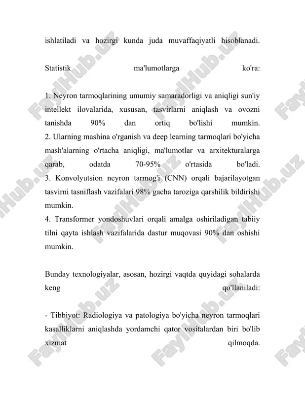xopfill tarmog‘i ko‘plab sohalarda qo‘llanilishi mumkin, jumladan, xotira birligi sifatida, naqsh tanishni amalga oshirishda va ma'lumotlarni tozalashda. u asosiy ko‘rinishda asosan cheklangan miqdorda ma'lumotlarni saqlash uchun ishlatiladi. xopfill neyron tarmog‘ining xususiyatlari va texnik tavsifi — bu juda chuqur mavzu bo‘lib, uni tushunishda energiya funksiyalari va matematik modellarning roli muhim ahamiyatga ega. aniq ma'lumotlar va geometrik o‘lchovlar hozirda ushbu tarmoqlarni yanada samarali va keng qo‘llanishiga yordam bermoqda. 3. sinflashtirish algoritmlari asoslari 3. sinflashtirish algoritmlari - bu mashinani o'qitish va sun'iy intellekt sohasida muhim roldir. sinflashtirish algoritmlarining asoslari tushunchasiga kirish uchun, avvalo, sinflashtirishning o'zi nima ekanligini tushunish lozim. sinflashtirish algoritmlari yoki tasniflash algoritmlari ma'lumotlar to'plami ichidan sinf yoki kategoriya aniqlash vazifasini bajaradi. ushbu algoritmlar kirish ma'lumotlarini belgilangan sinflarga ajratadi. avvalo, sinflashtirish algoritmlari nazariy jihatdan uch turga bo'linishi mumkin: 1. **nazoratli o'qitish sinflashtirish algoritmlari** - bu algoritmlar mavjud ma'lumotlar asosida o'qitiladi, ya'ni ularga oldindan belgilangan sinf yorliqlari bilan ifodalangan o'quv ma'lumotlari beriladi. 2. …