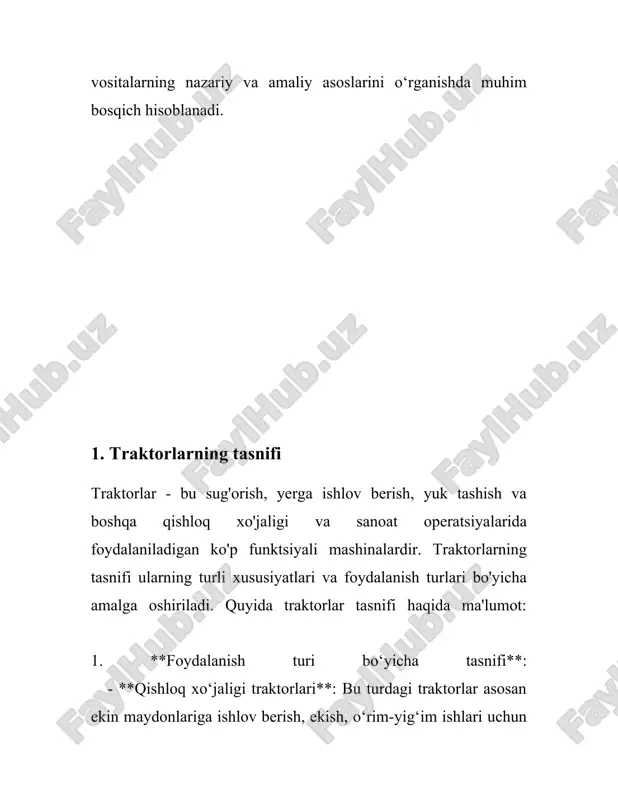overlar**: sport uslubidagi ko‘p maqsadli avtomobillar. 7. **yangi texnologik tendensiyalar va funksiyalar:** - **avtonom haydash tizimlari**: avtomobil o‘zi boshqarish imkoniga ega bo‘lgan tizimlar. - **tarmoqga ulangan avtomobillar**: internetga ulanish orqali masofadan xizmatlar ko‘rsatish va boshqarish imkoniyatiga ega. ushbu tasniflashlar avtomobillarni to‘g‘ri anglash va xaridorlar ehtiyojlariga muvofiq eng yaxshi tanlovni amalga oshirishda yordam beradi. 3. traktorning asosiy qismlari traktorlar dala va qishloq xo'jalik ishlarida juda muhim rol o'ynaydi va ular bir qancha asosiy qismlarga bo'linadi. traktorning asosiy qismlari quyidagilar: 1. **dvigatel**: dvigatel traktorning yurak qismlaridan biri bo'lib, u butun mashinaning harakatini ta'minlaydi. dvigatellar ko'pincha dizel yoqilg'isi bilan ishlaydi, chunki u qishloq xo'jaligi texnikasi uchun samaraliroq va kuchliroq hisoblanadi. dvigatelning kub sig'imi va quvvati traktorlarda muhim o'rin tutadi; ularning quvvati odatda ot kuchida (hp) o'lchanadi, masalan, kichik traktorlar 25-50 ot kuchiga ega bo'lishi mumkin, katta modellarda esa 100 ot kuchidan oshganlari mavjud. 2. **transmissiya**: transmissiya dvigatel quvvatini traktoring g'ildiraklariga yetkazib beradi. traktorlarda …