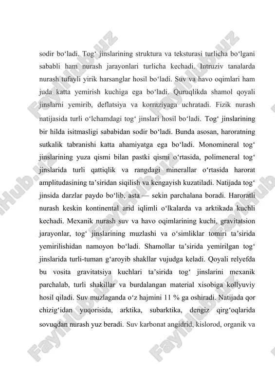da oltin, platina, kassiterit, titanli temitosh, sirkon, monasit, qimmatbaho toshlarning sochilma konlari bogʻliq. nurash jarayonlari ikki asosiy turga bo'linadi: mexanik va kimyoviy. 1. mexanik nurash - bu jarayon materiallarning fizik kuchlar ta'sirida parchalangan yoki maydalangan holatidir. bu jarayon ko'pincha yashil o'simliklar, qo'ziqorinlar va boshqa organizmlar tomonidan bo'sh joy yaratish uchun ishlatiladi. masalan, yerda joylashgan tosh va tuproq mexanik kuchlar yordamida bo'shashadi va parchalanadi. 2. kimyoviy nurash - bu jarayon kimyoviy reaktsiyalar orqali sodir bo'ladi. oziq moddalar kimyoviy manevralar orqali parchalanadi va yangi birikmalarga aylanadi. bu jarayonlar odatda fermentlar va turli kimyoviy moddalarning ishtirokida yuz beradi. masalan, oziq moddalar sog'lom asosiy xavflardan qayta ishlanayotganda kimyoviy nurash sodir bo'ladi.ikkala jarayon ham ekologik tizimlarda muhim rol o'ynaydi, chunki ular tabiiy resurslar va oziq moddalarning tuganmas tsiklini ta'minlaydi. yer yuzasidagi fizik-kimyoviy va organik jarayonlar ta’sirida tog‘ jinslarini tarkib va holatini o‘zgarib, parchalanishiga-nurash jarayoni deb ataladi. sanalgan omillarga ko‘ra nurashning quyidagi turlari bor; fizikaviy, kimyoviy, …