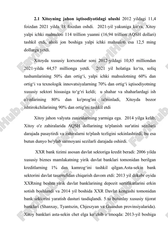 ini tashkil etdi; ushbu kompaniyalarning sof foydasi yiliga 19,56 foizga o'sib, 5,3 trillion yuanga (793,16 milliard aqsh dollari) yetdi. 2022-yil aprel oyi oxiriga kelib, xitoyda ommaviy joylashtirish natijasida jalb qilingan mablag‘lar miqdori 25,52 trillion yuanga (taxminan 3,79 trillion aqsh dollari) yetdi. 138 ta aktivlarni boshqarish kompaniyasi 9 761 ta ommaviy taklif fondiga ega (bu 138 ta kompaniyadan 45 tasi xorijiy kapital ishtirokidagi kompaniyalar edi). yopiq fondlar 3,15 trillion yuandan oshdi va ochiq fondlar 22,36 trillion yuandan oshdi. ishonch sektorini tahrirlash 2022-yilning birinchi choragi yakuniga ko‘ra, xitoyda ishonchli aktivlar ko‘lami 20,16 trillion yuanni (taxminan 3 trillion aqsh dollarini) tashkil etdi, bu o‘tgan yilning shu davriga nisbatan 1,06 foizga kamaydi; xitoyning trast sektorining operatsion daromadi yiliga 28,25 foizga kamayib, 20,52 milliard yuanni tashkil etdi. qimmatli qog'ozlar sektoriga 3,54 trillion yuan ishonchli sarmoya kiritildi, bu 5,51 foizga ko'p. xxr eng yirik eksportchi bo'lib, ikkinchi va uchinchi o'rindagi aqsh va germaniyani qo'shganda deyarli shuncha …
