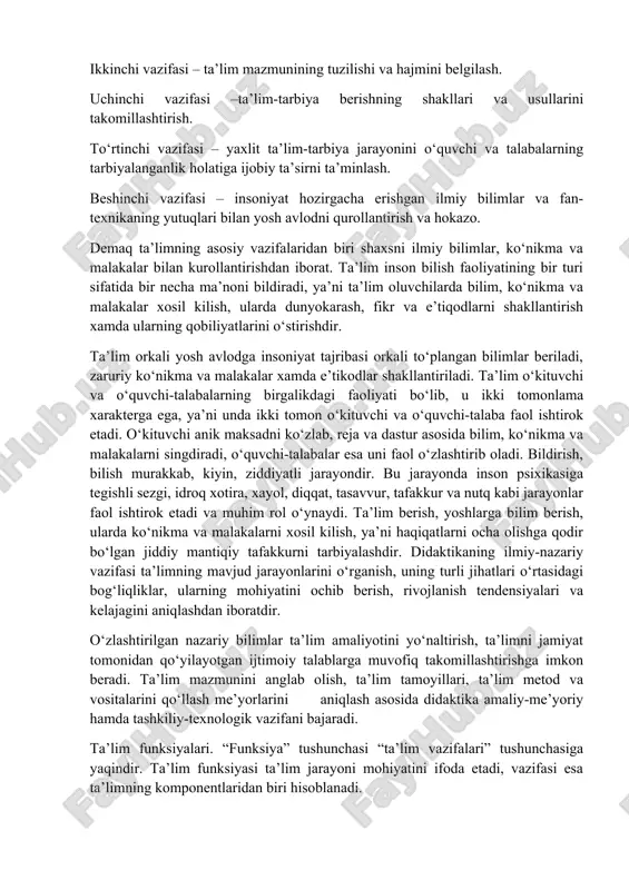 laridan ham foydalaniladi. didaktikaning vazifalari quyidagilardan iborat: вазифалар таълим жараёнлари ва уларни амалга ошириш шартларини таърифлаш ва тушунтириш дидактиканинг асосий вазифалари таълим жараёнини янада мукаммал ташкил этиш, таълим тизимлари ва технологияларини ишлаб чиқиш таълим жараёни учун хос бўлган умумий қонуниятларни аниқлаш, омилларини таҳлил қилиш ва таърифлаш yaxlit ta’lim-tarbiya jarayonida didaktika fanining vazifalari: birinchi vazifasi– bilim egallash va ularni ko‘nikma va malakaga aylantirish qonuniyatlarini aniqlab berish. bu borada didaktika ancha yutuqlarga erishgan bo‘lib, ta’lim-tarbiya jarayonini amalga oshirishning quyidagi qonuniyatlarini, ya’ni tamoyillarini aniqlagan. bularga: bilimni uzatishda ilmiy asoslab berish, ta’lim oluvchilar imkoniyati va yosh xususiyatlaridan kelib chiqish, ko‘rgazmaliliq muntazamliq ta’lim va amaliyot birligi, onglilik va faolliq tizimlik va izchilliq ta’lim va tarbiyaning birligi tamoyillari kiradi. bular mavzumizning ikkinchi qismida, keyingi sahifalarida batafsil tushuntirilib beriladi. ikkinchi vazifasi – ta’lim mazmunining tuzilishi va hajmini belgilash. uchinchi vazifasi –ta’lim-tarbiya berishning shakllari va usullarini takomillashtirish. to‘rtinchi vazifasi – yaxlit ta’lim-tarbiya jarayonini o‘quvchi va talabalarning tarbiyalanganlik holatiga …