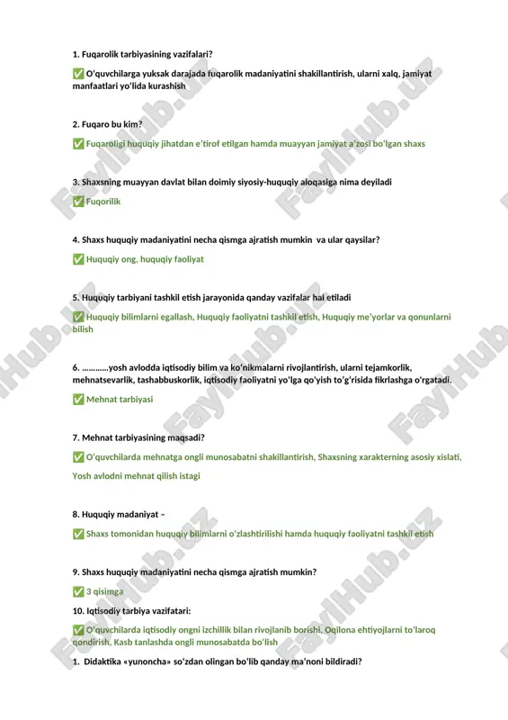 itishning nimaga qaratilganligi, uning kuchlari kelgusida qay yo'sinda safarbar etilishi 9. metod – bu… javob: o‘qitishning maqsad va vazifalariga erishish (amalga oshirish) yo‘li. 10. ta’limning keng tarqalgan nechta paradigmasi mavjud? javob: 5 ta 1.raqamli taʼlim bu ---- texnik jarayon 2.raqamli taʼlim shakllarini koʻrsatib bering. ---- distansion , internet , lectron, raqamli ,mobil , onlayn virtual taʼlim 3.ta' lim tizimda raqamli yondashuv deganda nimani tushunasiz. ----internet taʼlim 4.qanday dasturi oʻquvchilarni maqola, kurs ishi, bitiruv – malakaviy ishi, tadqiqot ishi ilmiy loyiha tayyorlashda koʻmak beradi. ----google scholar, otero ,mendeley , grammarly, overleaf . 5.elektron taʼlim bu ---- talimning ushbu shaklida internet tizimi muhim oʻrin egallaydi. 6.mabil taʼlim ----mobil uskunalar yordamida tashkil etilgan ta’ lim shakli hisoblanadi. 7.distansion taʼlim ---- subyekt oʻrtasida masofaviy muammoli yechish. 8.intirnet taʼlim ---- intirnetni tizimi muhim oʻrin egallaydi 9.onlayn taʼlim ---- oʻquvchi va oʻquvchining chat orqali ta’ lim shakli . 10.google elassroom ----- asosiy qidiruv, elektron tarjimon. 1. …