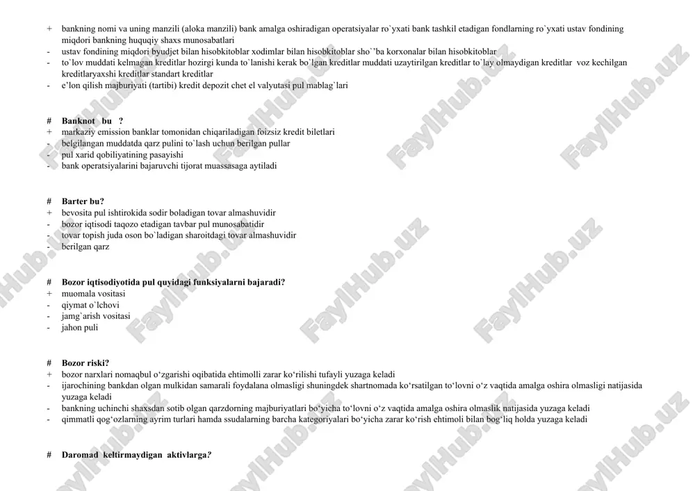 r - veksellar - qimmatbaho qog`ozlar # emissiya nima? + muomalaga bank biletlarini chiqarishning qonuniy belgilangan tartibi - muomalaga xazina biletlarini chiqarishning qonuniy belgilangan tartibi - muomalaga qog`oz pullarni chiqarishning qonuniy belgilangan tartibi - muomalaga qimmatbaho qog`ozlarni chiqarishning qonuniy belgilangan tartibi # faktoring bu? + mijozga debitor qarzini sotib olib kredit berish bilan birgalikda o‘tkaziladigan savdo vositachilik operatsiyalari - bank tomonidan mijozlarga ularning o‘z topshiriqlari va o‘z hisobkitoblardan turli hujjatlar bo‘yicha pul olish jarayoni - vositachilik operatsiyasi - bankning ishonch bildirilgan vakil # garovga olingan molmulk qiymati berilayotgan kreditning necha foizini qoplashi lozim? + 125% - 90% - 80% - 60 # inflyasiya bilan bog‘liq muammolar qachon vujudga kelgan? + qog‘oz pullar to‘lov vosita sifatida amal qila boshlagandan - muomalada oltin tangalar amal qilgan davrda - muomalaga kumush tangalar kiritilganda - oltin va kumush tanganlar hajmi kamaytirilganda # inflyasiya tushunchasi iqtisodiy oborotga qachon kirib kelgan? + 1864 yilda - 1861 …