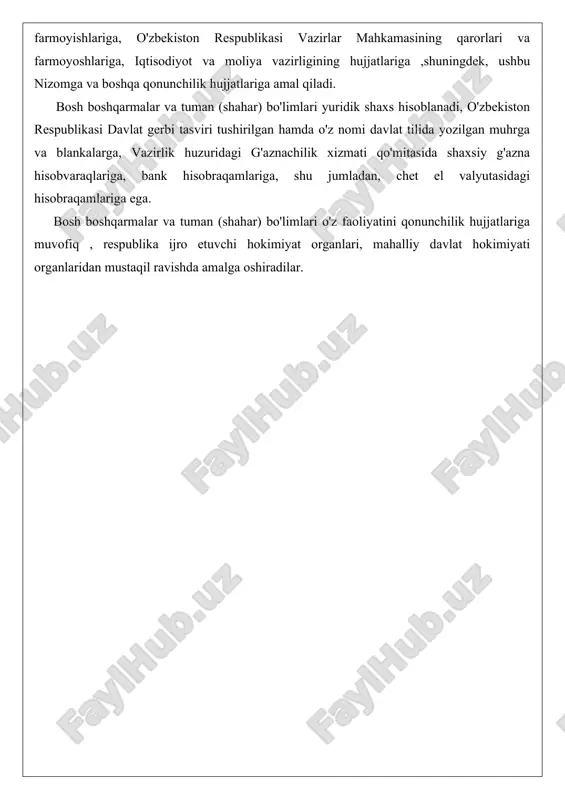 el valyutasidagi hisobraqamlariga ega. bosh boshqarmalar va tuman (shahar) bo'limlari o'z faoliyatini qonunchilik hujjatlariga muvofiq , respublika ijro etuvchi hokimiyat organlari, mahalliy davlat hokimiyati organlaridan mustaqil ravishda amalga oshiradilar. 2. samarqand viloyati samarqand shahar iqtisodiyot va moliya bo'limi" ning iqtisodiy tavsifi hamda tashkiliy tuzilmasi bilan tanishish. amaliyot rahbarim bilan birga ilmiy amaliyotimning maqsadi, vazifalari va ish rejalarini belgilab olganimizdan sung u kishi bilan amaliyot ish rejasiga muvofiq dastlab “samarqand shahar iqtisodiyot va moliya bo'limi” ning tashkiliy tuzilishi bilan tanishtirdilar. hisobotimning 2-ilovasida “samarqand shahar iqtisodiyot va moliya bo'limi” ning tashkiliy tuzilmasi keltirilgan. viloyatlar va toshkent shahri hokimliklari bosh moliyaviy boshqarmalarining namunaviy tuzilmasi: · bosh boshqarma boshlig'i · bosh boshqarma boshlig'ining birinchi o'rinbosari · bosh boshqarma boshlig'i o'rinbosari · budjet ijrosi hisobi va hisoboti hamda budjet tashkilotlarida hisobni monitoring qilish bo'limi · mahalliy budjetlarni shakllantirish va daromadlar prognozi bo'limi · kommunal va yo'l xo'jaligini rivojlantirish, obodonlashtirish va narxlarni belgilash chora-tadbirlarini moliyaviy jihatdan …