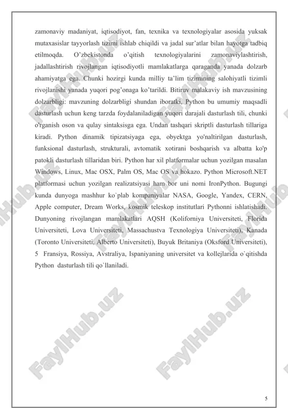 ory/') os.listdir()yo'l argumenti bilan berilgan katalogdagi fayllar va pastki kataloglarni o'z ichiga olgan python ro'yxatini qaytaradi : python >>> os.listdir('my_directory/') ['sub_dir_c', 'file1.py', 'sub_dir_b', 'file3.txt', 'file2.csv', 'sub_dir'] bunday katalog ro'yxatini o'qish oson emas. loop yordamida qo'ng'iroqning natijasini chop etish os.listdir()narsalarni tozalashga yordam beradi: python >>> entries = os.listdir('my_directory/') >>> for entry in entries: ... print(entry) ... ... sub_dir_c file1.py sub_dir_b file3.txt file2.csv sub_dir zamonaviy python versiyalarida katalog ro'yxati pythonning zamonaviy versiyalarida va dan os.listdir()foydalanish muqobildir .os.scandir()pathlib.path()os.scandir()python 3.5 da kiritilgan va pep 471 da hujjatlashtirilgan . os.scandir()chaqirilganda ro'yxatdan farqli ravishda iteratorni qaytaradi: python >>> import os >>> entries = os.scandir('my_directory/') >>> entries scandiriteratorjoriy katalogdagi barcha yozuvlarga ishora qiladi . siz iteratorning mazmunini aylanib chiqishingiz va fayl nomlarini chop etishingiz mumkin: python import os with os.scandir('my_directory/') as entries: for entry in entries: print(entry.name) bu erda, bayonot os.scandir()bilan birgalikda ishlatiladi, withchunki u kontekst menejeri protokolini qo'llab-quvvatlaydi. kontekst menejeridan foydalanish iteratorni yopadi va iterator tugagandan …