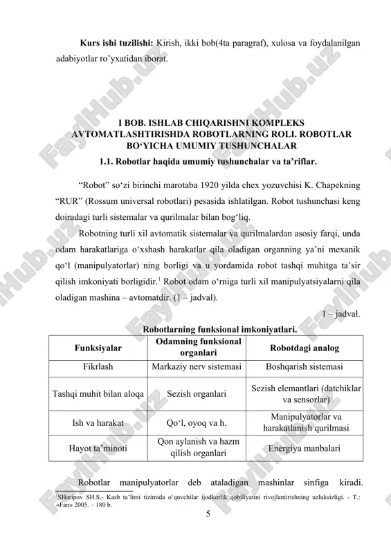 mua ichidagi texnologik jarayonlarning avtomatlashtirilgan siklini to‘la ta’minlovchi yordamchi jihozlar yig‘indisidan iborat avtonom harakat qiluvchi ishlab chiqarishning texnologik vositalari to‘plamiga robotlashtirilgan ishlab chiqarish majmuasi deyiladi. sanoat robotining ijro qurilmasi – robotning harakat funksiyalarini bajaruvchi qurilma. uning tarkibiga manipulyator (m) va boshqarish qurilmasi (bk) kiradi. sanoat roboti manipulyatorining ishchi a’zosi (organi) – robotning tashqi muhit bilan bevosita o‘zaro aloqasini amalga oshiruvchi qurilma bo‘lib, odatda qisqichlash qurilmasi yoki ishchi asbobni bildiradi. srning boshqarish qurilmasi - berilgan programmaga ko‘ra ijro qurilmasiga boshqaruvchi ta’sirlarni shakllantirish va chiqarib berish uchun mo‘ljallangan. srning o‘lchov qurilmasi - boshqarish qurilmasi uchun robot va tashqi muhit holatlariga oid informatsiya yig‘ishni amalga oshiradi[footnoteref:2]. [2: .abdullayeva q.m. tikuvchilik buyumlarini loyihalash va modellashtirish asoslari. o’quv qo’llanma. t. adabiyot 2006 yil] xizmat ko‘rsatuvchi sanoat roboti - yordamchi o‘tish va transport operatsiyalarni bajaruvchi robotdir. masalan, yuklovchi – yuk tushiruvchi va transport robotlari. operatsion sr – texnologik operatsiyalar va ularning elementlarini, masalan, payvandlash, yig‘ish, bo‘yash …