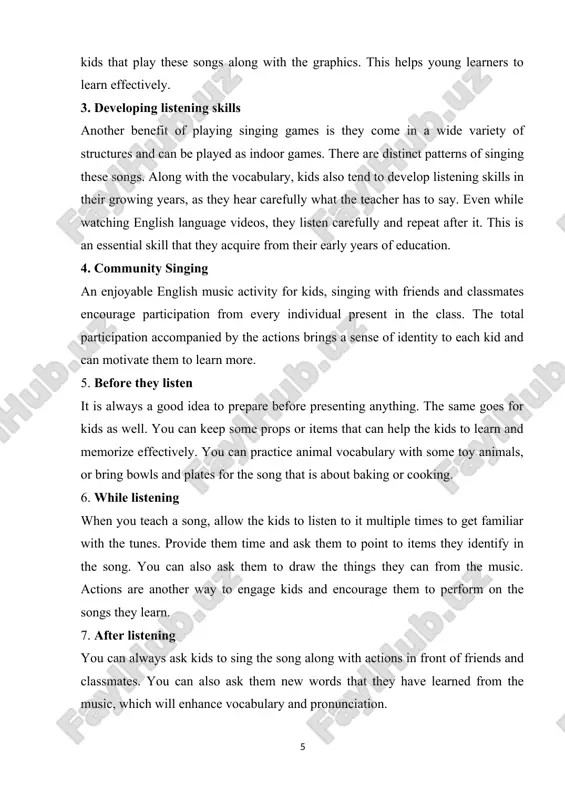 m to point to items they identify in the song. you can also ask them to draw the things they can from the music. actions are another way to engage kids and encourage them to perform on the songs they learn. 7. after listening you can always ask kids to sing the song along with actions in front of friends and classmates. you can also ask them new words that they have learned from the music, which will enhance vocabulary and pronunciation. conclusion these singing and learning games will help every child develop an emotion with music. by singing, laughing and playing in the rounds, the child spontaneously expresses his emotions, experiences, feelings and ideas, while becoming familiar with the traditional games and rounds in his environment. another of the basic functions that the child develops when singing and moving his body following sounds and rhythms, with pauses and contrasts, …