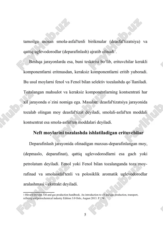 a nisbatan tanlab eritish xossasini sezilarli darajada yaxshilaydi. mineral moylar ishlab chiqarish sanoatida keng ko`lamda amaliy jiqatdan fenol, fenol va n-metilpirrolidon erituvchilaridan foydalaniladi. fenol erituvchisi. ma`lumki, fenol oltingugurt birikmalari va smolani, qisman sul'fidlarni yaxshi eritadi. shuning uchun erituvchilar orasida fenol moylarni tanlab eritishda unumli erituvchi qisoblanadi. aynan uning xossalarini inobatga olgan qolda neftni qayta ishlash zavodlarining moybloklari loyiqalangan. fenol formulasining strukturasi: c6h5oh, jadval. fenolning fizik-kimyoviy xossalarining ko’rsatkichlari 1 zichlik, 20oc da, kg/m3 1071 2 molekulyar og’irlik 94,11 3 sindirish ko`rsatkichi, 41 oc 1,5425 4 kritik harorat, os 419 5 kritik bosim, mpa 6,05 6 issiqlik siqimi, 45 oc da, kdj/(kg*grad) 2,11 7 qovushqoqlik 45 oc da kinematik, mm2/s dinamik, pa*s 3,8 4,0 8 harorat, oc chaqnashi 79 buqlarning qavoda alangalanishi 430 atmosfera bosimida qaynashi 181 erishi +41 9 fenolning suvda eruvchanlik %, harorati os 20 8,2 40 9,6 10 suvning fenolda eruvchanligi %, harorati oc 40 33,2 11 buqlanish entalpiyasi, …