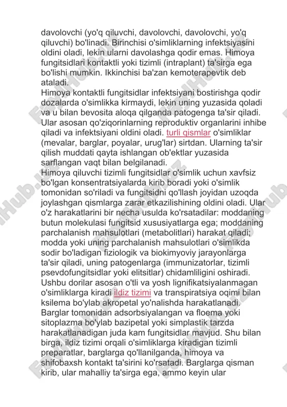 ida harakat qila olmaydigan fitopatogenlarni yo'q qiladi. ular faqat mahalliy (mahalliy) penetratsion ta'sirga ega, masalan, bir barg yuzasidan ikkinchisiga, urug'lar ichida va boshqalar. qattiqlashtiruvchi kontaktli fungitsidlarni selektiv va selektiv bo'lmagan (uzluksiz) preparatlarga bo'lish mumkin. birinchisi nafaqat reproduktiv, balki qo'ziqorinning vegetativ organlarini ham bostiradi. optimal konsentratsiyalarda foydalanilganda, ular o'simliklarga zarar bermasdan, allaqachon bosib olgan patogenlarni bostiradi. ularning samaradorligi patogenning o'simlik to'qimalariga kiritilganidan keyin o'tgan vaqtga bog'liq. qoida tariqasida, u 48-72 soatdan oshmaydi. davolovchi kontaktli selektiv bo'lmagan fungitsidlar patogenlarning reproduktiv, vegetativ va qishlash (yoki harakatsiz) shakllarini bostiradi. fungitsiddan tashqari, ular gerbitsid va insektitsid ta'sirga ega. tizimli shifobaxsh fungitsidlar o'simliklarga kirib, so'riladi, ildizdan poyaga va barglarga, bir bargdan ikkinchisiga va boshqalarga xavfsiz kontsentratsiyalarda harakat qiladi va fungitsid joylashgan joydan uzoqroqda to'qimalarga kirib borgan patogenlarni yo'q qiladi. qo'llaniladi. ga muvofiq kimyoviy tabiat fungitsidlarga bo'linadi antibiotiklar (biofugitsidlar), organik va noorganik. qo'llash usullariga qarab, quyidagi asosiy guruhlar ajratiladi: vegetativ o'simliklarni davolash uchun; uyqu holatida qayta ishlash …