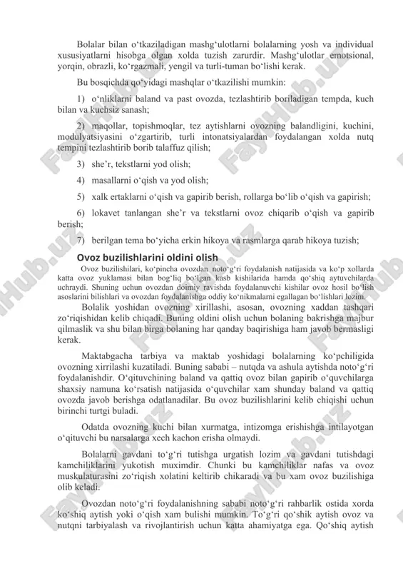q bo‘layotgan jag‘larning qisilgan holatini yo‘qotish; 4) ovozning tekisligi, turg‘unligi va egiluvchanligini hosil qilish (har qanday ovoz kuchida, ovoz balandligida va uzunligida bir xilda ovoz chiqarish); 5) ovozning chidamliligini hosil qilish, ya’ni ovoz yuklamasi qancha davom etishidan qat’iy nazar jarangli sifatini saqlash. iii bosqich- ovoz hosil qilish jarayonini avtomatizatsiya qilish. bolalarda ovozni hosil qilish va rivojlantirish bo‘yicha olib boriladigan logopedik mashg‘ulotlarning ii va iii bosqichlarini bir-biridan qat’iy ajratish qiyin, chunki ovoz hosil qilish avtomatizatsiyasi ii bosqichdayoq boshlanadi. iii bosqichning asosiy vazifasi – ovozni bolaning kundalik nutqiga amaliy jihatda kiritish, bolani baland, jarangli ovozdan erkin, zo‘riqishsiz, toliqishsiz, tovushlarni aniq talaffuz qilgan holda foydalanishga o‘rgatishdir. bolalar bilan o‘tkaziladigan mashg‘ulotlarni bolalarning yosh va individual xususiyatlarni hisobga olgan xolda tuzish zarurdir. mashg‘ulotlar emotsional, yorqin, obrazli, ko‘rgazmali, yengil va turli-tuman bo‘lishi kerak. bu bosqichda qo‘yidagi mashqlar o‘tkazilishi mumkin: 1) o‘nliklarni baland va past ovozda, tezlashtirib boriladigan tempda, kuch bilan va kuchsiz sanash; 2) maqollar, topishmoqlar, …