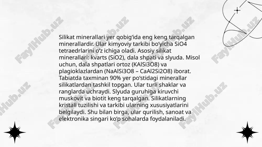 ladi va yer qobig'ining asosiy qismini tashkil etadi. sio4 tetraedrlaridan tashkil topgan bo'lib, turli usullar bilan birikadi. silikatlar sakkiz asosiy toifaga bo'linadi: neosilikatlar, sorosilikatlar, inosilikatlar, siklosilikatlar, filosilikatlar va tektosilikatlar. ularning tarkibida kislorod va kremniy atomlari mavjud. yerdagi minerallar orasida kvarts, slyuda, olivin va amfibol kabi silikatlar keng tarqalgan. silikatlar o'zining mexanik va kimyoviy xususiyatlari bilan muhim ahamiyatga ega va sanoatda keng qo'llaniladi. ular qurilish, keramika, shisha ishlab chiqarish kabi sohalarda ishlatiladi. silikatlar tabiatda eng ko'p uchraydigan minerallar turkumidir. ... t.me/slaydai_bot 13. yer po'stinining jinsiy tarkibi o‘zbekistonning 13-yoshli aholisining jinsiy tarkibi haqida aniq ma'lumotlarga ega bo'lish uchun so‘nggi milliy aholi ro‘yxati yoki rasmiy statistik manbalar keltirilgan bo‘lishi kerak. odatda, demografik ma'lumotlar davlat statistika qo‘mitasi yoki aholini ro‘yxatga olish organlari tomonidan taqdim etiladi. o‘zbekistonda jinsiy tarkib odatda deyarli teng taqsimlangan bo‘lib, erkak va ayol bolalar soni taxminan teng. lekin, muayyan raqamlar va foizlar o‘zgargan bo‘lishi mumkin. iltimos, eng so‘nggi va to‘liq ma'lumot …