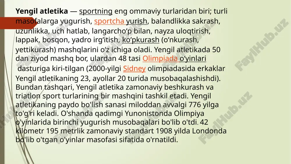 larda yugurish xillari bo’ladi. yugurishning xillari va masofa uzoqligining variantlari har xil. yengil atletika sport turlarida maxsus mashqlarni bajarish. o'z navbatida 5 ta rang-barang halqa, har 4 yilda bir marta o'yinlarda qatnashadigan dunyoning mintaqalarini anglatadi. moviy halqa – bu yevropa, qizil – amerika, sariq – osiyo, qora – afrika va yashil – avstraliya. etibor bering, ushbu ranglarning kamida bittasi dunyoning har qanday bayrog'ida mavjud. halqalar bir-biriga bog'langan bo'lishi kerak va bu o'yinlar tanasining rangi, irqi va dinidan qati nazar dunyoning barcha qismlarini, sayyoradagi barcha odamlarni birlashtirganligini namoyish etadi. langarchoʻpga tayanib sakrash (erkaklar) yangi rekord: 6.17 m armand dyuplant (shvetsiya) 5 000 metr (erkaklar) yangi rekord: 12:51 minut joshua keptegi uch hatlab sakrash, yopiq inshootda (ayollar) yangi rekord: 15.43 metr useyn bolt (ingl. usain st. leo bolt) 1986 yilning 21 avgustida yamaykaning treloni okrugida tug'ilgan. asosan qisqa masofalarga yuguradi. 8 karra olimpiada, 11 karra jahon chempioni. 8 marotaba jahon rekordini o'rnatgan. …