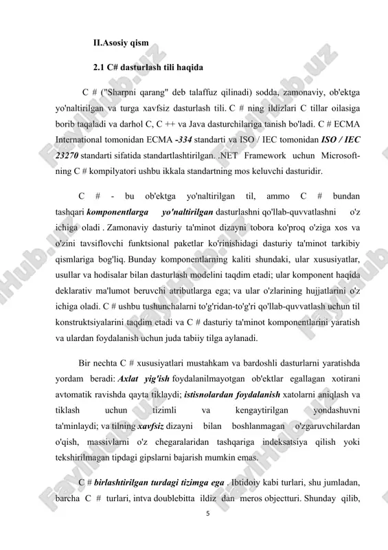 joy data, va bir quruvchi. misolning manba kodi faylda saqlangan deb faraz qilsak, acme.csbuyruq satri konsolnusxalash csc /t:library acme.cs misolni kutubxona sifatida to'playdi ( mainkirish nuqtasi bo'lmagan kod ) va nomlangan assambleyani ishlab chiqaradi acme.dll. assambleyalar oraliq til (il) ko'rsatmalar shaklida bajariladigan kodni va metama'lumotlar shaklida ramziy ma'lumotlarni o'z ichiga oladi . amalga oshirilishidan oldin assambleyadagi il kod avtomatik ravishda .net common language runtime dasturining just-in-time (jit) kompilyatori tomonidan protsessorga xos kodga aylantiriladi. c # dasturning dastlabki matnini bir nechta manba fayllarida saqlashga ruxsat beradi. ko'p faylli c # dasturi kompilyatsiya qilinganida, barcha manba fayllari birgalikda qayta ishlanadi va manba fayllari bir-biriga erkin murojaat qilishlari mumkin - kontseptual ravishda, barcha manba fayllari ishlov berishdan oldin bitta katta faylga birlashtirilganga o'xshaydi. oldindan deklaratsiyalar hech qachon c # -ga kerak emas, chunki juda kam istisnolardan tashqari, deklaratsiya buyurtmasi ahamiyatsiz. c # manba faylini faqat bitta umumiy turni e'lon qilish bilan cheklamaydi va …
