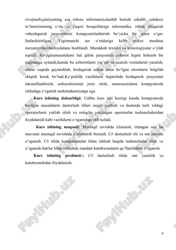 ko'proq joy egallaydi. va visual studio dasturini o'rnatishda kompyuteringizda dasturlarni ishlab chiqish uchun barcha kerakli vositalar, jumladan,. net 5 framework o'rnatiladi. o'rnatish tugallangandan so'ng birinchi dasturni yaratamiz. bu oddiy bo'ladi. avval visual studio-ni ochamiz. boshlang'ich ekranda yangi loyihani yaratishni tanlaymiz.. c# tili o‘zining interfeysi va sintaksisi uning yuqori sathli dasturlash tillarigakirishiga olib keladi. uning butun dasturlash tanasi bo‘ylab boshqarishni ehm gatopshiradi va faqat bajarilishi lozim bo‘lgan shartnigina dasturchi tomonidanyozilishi va shu bilan birga, u tomonidan qo‘llaniladigan ―aqlli‖ dasturlash (ya‘nihar bir kodning boshlang‘ich harfi yoki belgisi kiritilganida u kodning qolganqismini o‘zi namoyish etadi ) ham bu dasturlash tilining keng ommaga ma‘qulkelishini ta‘minlab berdi. vs dagi c# tili ham huddi shu vazifani bajarib beradi.uning console application qismida qora oynali muloqot oynasi yaratiladi va shuqora oyna dastur ishga tushganda paydo bo‘ladi. uning ko‘rinishi avtomatik tarzdavs tomonidan shakllantirilgan bo‘lib u dasturchi tomonidan o‘zgartirilishi mumkinemas. consolda ishlatiladigan barcha komponentalar, ularning kodlari, parametrlarboshqa loyihalarda ham qo‘llanilishi …