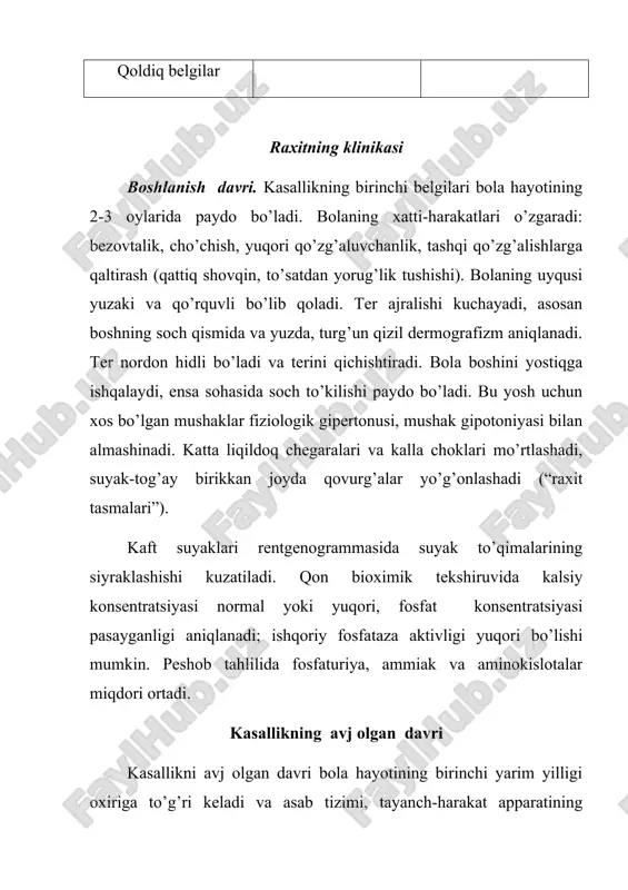 , “munchoq iplari” bilan namoyon bo’ladi. uzun naysimon suyaklar rentgenogrammasida metafizlarning jomsimon kengayishi, dastlabki ohaklanish sohasining o’pirilishi va yaxshi ko’rinmasligi kuzatiladi. gipofosfatemiya, gipokalsiemiya, ishqoriy fosfataza faolligi yuqori bo’ladi. rekonvalessensiya davri bu davr uchun bola o’zini yaxshi his qilishi va holatining yaxshilanishi xos. statistik funksiyalari normallashadi yoki yaxshilanadi. rentgenogrammada o’sish zonasining bir tekis bo’lmagan qattiqlashuvi kuzatiladi. qonda fosfor miqdori normallashadi yoki normadan birmuncha ortadi. unchalik yuqori bo’lmagan gipokalsiemiya saqlanadi, ba’zida ko’tariladi. qoldiq belgilar davri bioximik ko’rsatgichlar normallashuvi va raxit faolligi yo’qolishi kasallikning faol davrdan nofaol davriga – qoldiq belgilar davriga o’tganligini bildiradi. o’tkazilgan raxit belgilari (skelet deformatsiyasi va mushak gipotoniyasi) uzoq vaqt saqlanadi. raxitning kechishi va og’irlik darajasi raxitning o’tkir kechishi uchun barcha simptomlarning tez rivojlanishi xarakterli, nevrologik buzilishlar yaqqol rivojlangan, aniq gipofosfatemiya, osteomalyatsiya jarayoni ustunlik qiladi. raxitning o’tkir osti kechishida nevrologik buzilishlar qisman rivojlangan yoki unchalik rivojlanmagan, qonning bioximik tarkibi kam o’zgargan, osteoid giperplaziya jarayoni ustunlik qiladi. qaytalanuvchi (to’lqinsimon) kechishida …