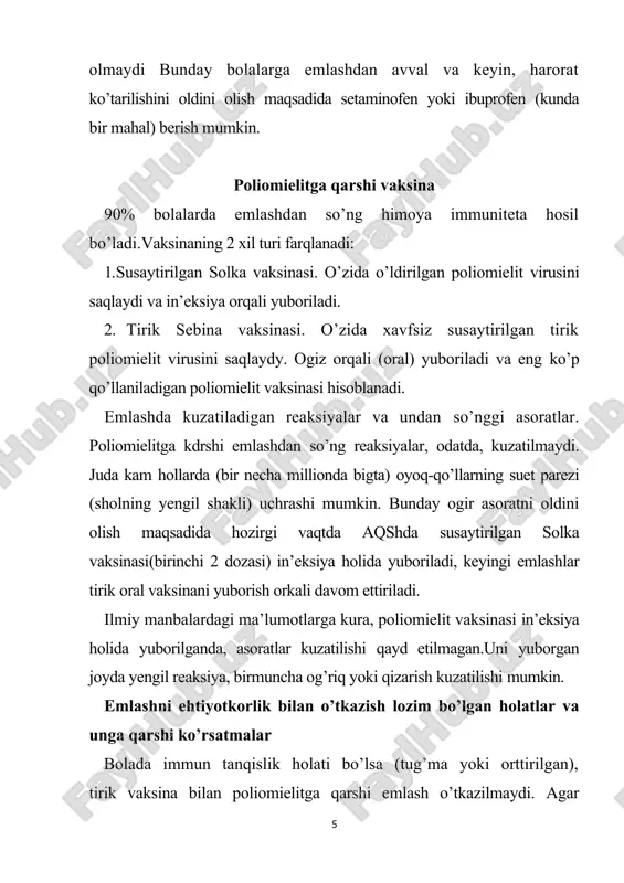 tining ko’tarilishi (emlashdan sung 4-12 kunlari),bir ikki kun holsizlik, kulok yon bezining kattalashishi (2-3kun)kuzatiladi. og’ir asoratlar juda kam hollarda uchrashi mumkin. haroratga bogliq bo’lgan shaytonlash ba’zan allergiyaga moyilligi bor bolalarda kuzatiladi. emlashni hpshyotkorshk bilan o’txazish lozim bo’lgan holatlar va qarshi ko’rsatmalar: emlash kuyidagi holatlarda takiklanadi: immun ganqislik holatida; · o’sma kasalliklarida; · aminoglikozidlarga allergiya (kanamitsin, monomitsin) kuzatilganda; · homiladorlik vaqtida. gepatit v qarshi vaksina. gepatit v qarshi vaksina gen-injenerlik texnologiyasi yordamida ishlab chikariladi. u sonning old lateral qismiga yoki yelka sohasiga mushak ichiga yuboriladi. profilaktik emlash chakaloklarga tug’ilgandan keyingi dastlabki soatlarda va xavf guruhidagi kattalarga utkaziladi (tibbiyot xodimlari, gemodializdagi yoki ko’p miadorda kon preparatlari oluvchi bemorlar, gepatit v kasalligini tashuvchilar, ozodlikdan maxrum etilib zonada yashovchilar, narkomanlar, gomoseksualistlar, jinsiy sherigi hbs antigenno’y tashuvchi soglom odam va boshqalar). emlashda kuzatiladigan reaksiyalar va undan so’nggi asoratlar. emlashdan so’ngga reaksiyalar tarqalishiga ko’ra umumiy va maxalliy turlarga bo’linadi. umumiy reaksiya tana haroratining ko’garilishi, yengil holsizlik …