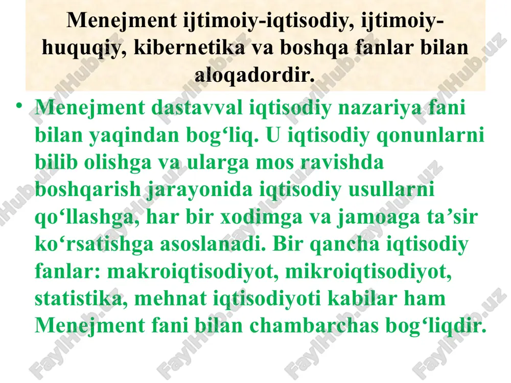 lariga bo’ysunadilar. davlat ta’lim muassasalari bilan bir vaqtda nodavlat ta’lim muassasalarining faoliyat ko’rsatishi ham ta’limni boshqarishning jamoatchilik xarakterini ifodalaydi. umumiy o’rta ta’lim maktabi, akademik litsey va kasb-hunar kollejlari haqidagi nizom, ta’lim muassasalarining ustavi — ta’lim muassasalarini boshqarish va unga rahbarlik qilishning asosiy hujjati. o’zbekiston respublikasining «umumiy o’rta ta’lim to’g’risida»gi nizomi o’zbekiston respublikasi vazirlar mahkamasining 1998-yil 13 maydagi 203-sonii qaroriga muvofiq qabul qilingan. ushbu nizomda quyidagi masalalar yoritilgan: umumiy qoidalar. umumiy o’rta ta’limning maqsadi va vazifalari. umumiy o’rta ta’limni tashkil etish. o’quv-tarbiya jarayonini tashkil etish va uning mazmuni. pedagog kadrlarni tayyorlash. qayta tayyorlash va ularning malakasini oshirish. umumiy o’rta ta’limni boshqarish. mablag’ bilan taminlash va moddiy-texnika ta’minoti. xalqaro hamkorlik. nizomga asosan, umumiy o’rta ta’limning maqsadi o’quvchilarni davlat ta’lim standartlariga muvofiq o’qitish va tarbiyalash hamda shaxsning ta’lim olish huquqini ro’yobga chiqarish hisoblanadi. umumiy o’rta ta’lim mazmunini yoritish nizomning asosiy g’oyalaridan biri bo’lib, majburiv va qo’shimcha komponentlar umumiy o’rta ta’lim mazmunining asosini tashkil …