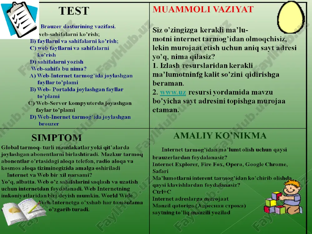 da telefonning asosiy vazifalaridan tashqari kommunikator va internet planshetlarning asosiy funktsiyalarini ham qamrab olgan. internet planshetlar – bu maxsus mobil qurilma bo‘lib, shaxsiy kompyuterning klassik namunasidir. planshetlar (masalan ipad) tashqi ko‘rinish jihatidan kompyuterdan butunlay farq qiladi. planshetlar faqatgina ekrandan tashkil topgan bo‘lib, boshqa qo‘shimcha qurilmalar (sichqoncha, klaviatura) virtual ko‘rinishda tashkil etilgan. planshetlar to‘liqligicha mobil aloqa muhiti orqali internet xizmatlaridan foydalanishga va hujjatlar bilan ishlashga ixtisoslashgan. bluetooth – kichik qamrovdoirasiga ega bo‘lgan simsiz aloqa texnologiyasi. tarmoq qurilmalari orasidagi o‘zaro muloqotni va ularning internetga ulanishini yengillashtiradi. u, shuningdek, turli elektron qurilmalari va kompyuterlar orasida mahlumotlar almashishni osonlashtiradi. bluetooth kichik mahlumot oqimlarini uzatish uchun mo‘ljallangan, shuning uchun mahalliy va global tarmoq texnologiyalarining o‘rnini bosa olmaydi. sms (short message service) – qisqa xabarlar xizmati. mobil aloqa tarmoqlarida abonentlarning bir-birlariga qisqa matn xabarlarini uzatish va qabul qilish xizmati hisoblanadi. qisqa xabarlar deyilishiga asosiy sabab texnologik jihatdan bir xabar uzatishda 140 ta belgini uzatish mumkin. mms …