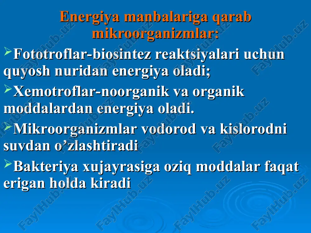 fas olishi obligat aeroblar fakultativ aeroblar mikroaerofillar aerotolerantlar obligat anaeroblar kislorodga to’yingan qatlam oz miqdorda kislorod tutuvchi qatlam bakteruyalarni muhitda taqsimlanishi termostat anaerostat mikroorganizmlarning hayot faoliyatida hosil boʼladigan mahsulotlari mikroorganizmlar hayot faoliyatida koʼpgina mahsulotlar ishlab chiqaradi. ularga: - fermentlar - pigmentlar - vitaminlar - zaharli moddalar - yorugʼlik - issiqlik - аntibiotiklar - аromatik moddalar kiradi fermentlar mikroorganizmlar oziqlanishi va nafas olishida ishtirok etadi. klassifikatsiyasi: - tashqi muhitga nisbatan ikki guruhga bo’linadi: ekzofermentlar endofermentlar - bakteriya hujayrasiga uchrashiga qarab ikkita gruppaga boʼlinadi: konstitutiv fermentlar (doimiy uchraydigan) аdaptiv (induktiv) fermentlar (yashash sharoitiga bogʼliq, ularda shu fermentga talab boʼlganda ajralib chiqadi) konstitutiv fermentlarga kiradi: gidrolazalar transferazalar oksidoreduktazalar izomerazalar liazalar ligazalar induktiv fermentlarga: gialuronidaza plazmokoagulaza neyraminidaza letsitinaza rnkaza dnkaza penitsillinaza fosfataza bu fermentlar bakteriyaning patogenligini oshirib beradi, shuning uchun agressiv fermentlar deb ham ataladi qonli agarda eritrotsitlar gemolizi bakteriyalarning lеtsitinaza faolligi 1-probirka qon plazmasi koagulatsiyasi (yuqoridagi) 2-probirka qon quyqasining suyilishi (pastki) bakteriyalarni fermentlarini …