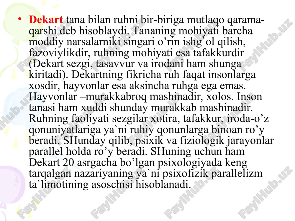o’zga ko’rinmaydigan bo’lib qolgan u suyuqlikka o’xshagan bo’lib, o’ztabiatiga ko’ra. havo va o’tga yaqindir. f.bekon ruhning asosiy turadigan joyi miyadir, lekin nervlar va arteriyalar orqali butun organizm bo’ylab harakatlanadi, deb hisoblaydi. benedikt (barux) spinoza (1632 – 1677) dekrat kabi ob`ektiv va ratsional ilm – fan tarafdori edi. haqqoniy natijalar asosi matematika fani deb bilardi. u o’zining falsafiy va psixologik qarashlari isboti va dalilini geometriya orqali amalga oshirishni ko’zladi. spinoza o’zining mashhur asari “etika”ni geometrik tamoyillar asosida ishlab chiqdi va material bayoni uchun aksioma, teorema va isbotlar qonuniyatlaridan foydalandi. gotfrid vilgelm leybnits (1646 – 1716) serqirra ijodkor bo’lishiga qaramay, uning ilmiy qiziqishlari orasida falsafa va psixologiya alohida o’rin tutardi. buning aksini “inson ongi haqidagi yangi malakalar” (1705), “monadologiya” (1714) kabi asarlarda yaaqqol ko’rishimiz mumkin. ratsionalistik qarashlarni davom ettirgan holda, matematik metod va qonuniyatlarga tayanib inson psixik funktsiyalarini hamda ruh – tana birligi g`oyasini o’rgandi. spinozaning yakka substantsiya borasidagi fikriga qarshi chiqdi. …